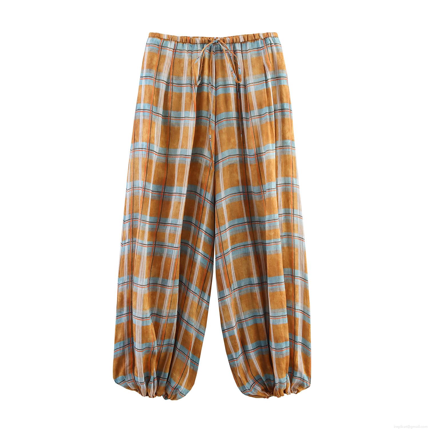 Women's Casual Plaid Lantern Pants High Waist Drawstring Tapered Trousers Polyester Ramie Blend Loose Fitting Checkered Harem Pants For Daily Travel Spring Summer Fashion Clothing