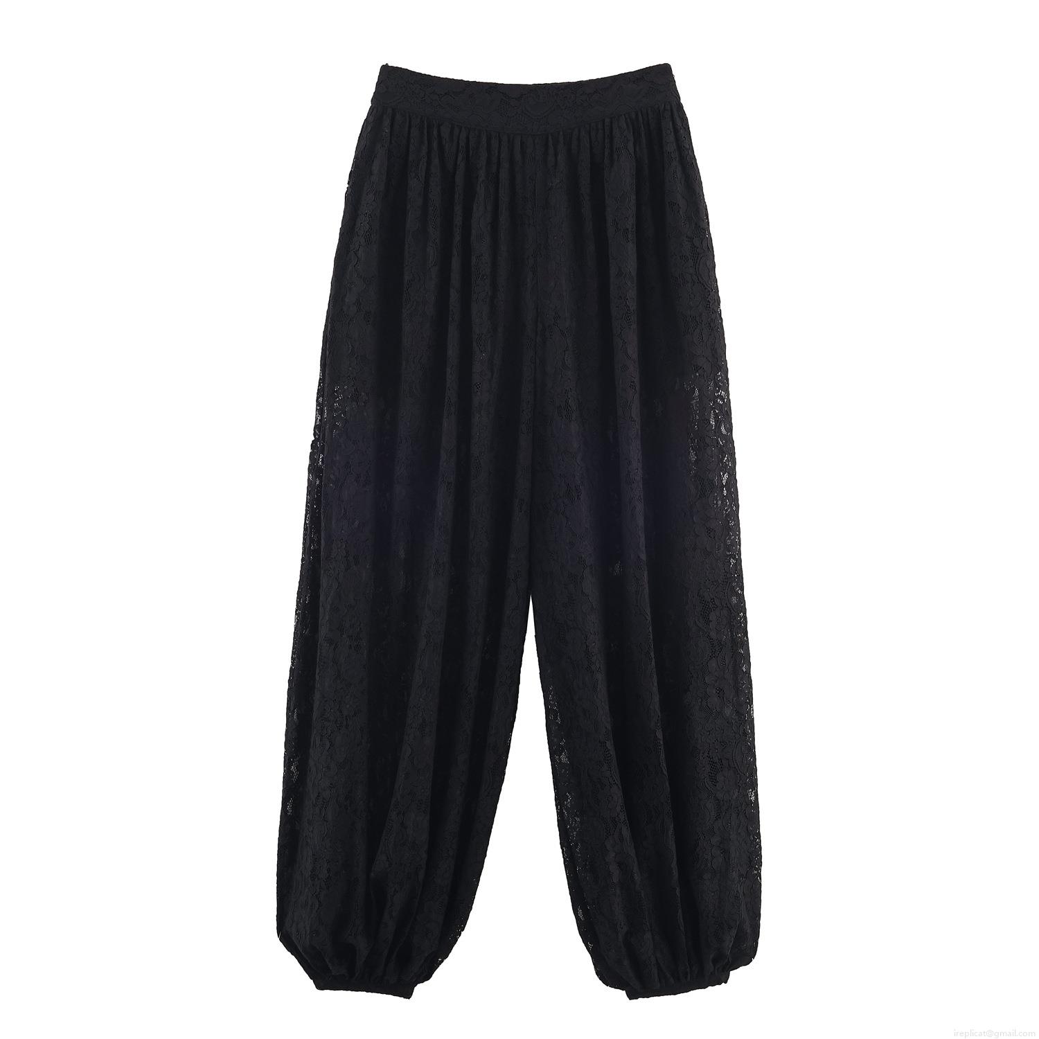 Women's Casual Black Lace Lantern Pants High Waist See-Through Mesh Balloon Trousers With Elastic Cuffed Ankles For Party Vacation Fashion Bottoms