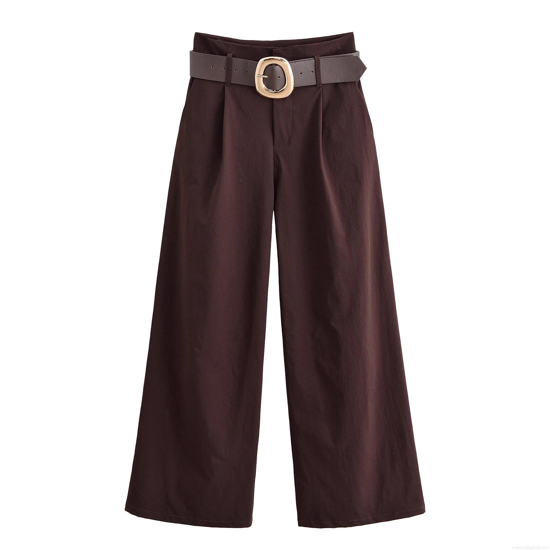 Women's High Waist Wide Leg Trousers With Belt Retro Brown Solid Color Casual Loose Fit Long Pants For Office Commute