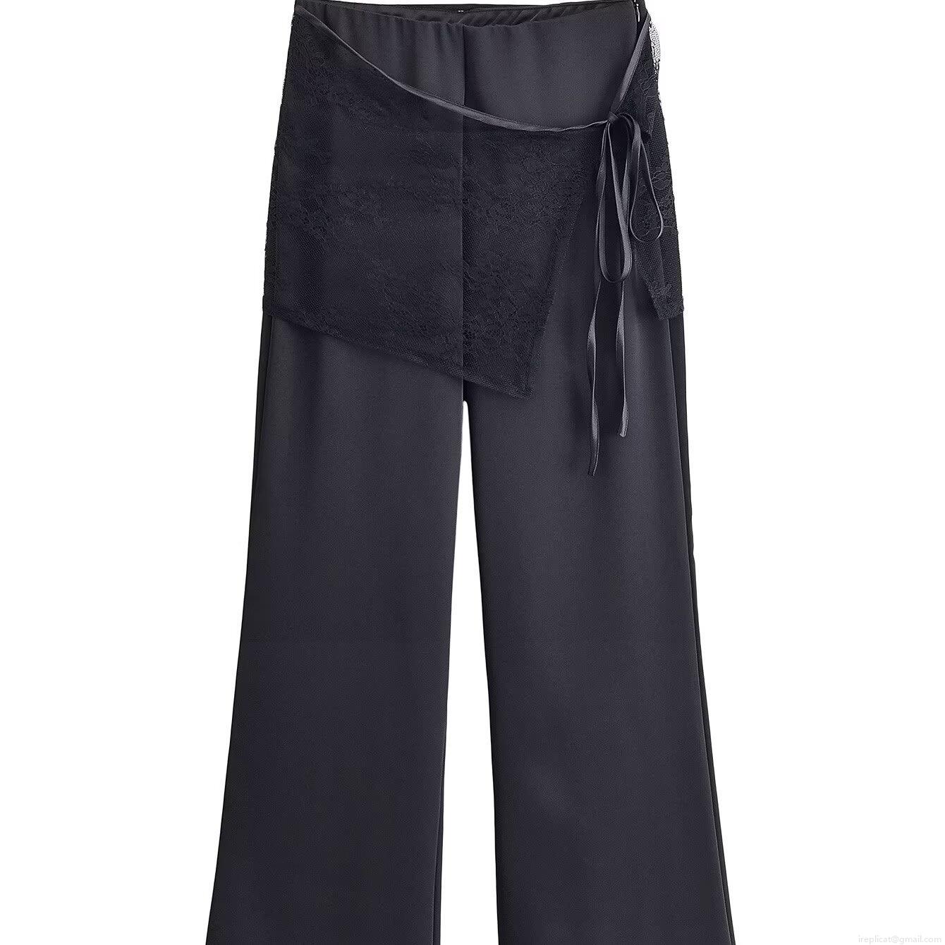 Women's Elegant Black Polyester Trousers With Lace Wrap Overlay And Satin Ribbon Tie Fashion Wide Leg Straight Long Pants For Daily Party Lady