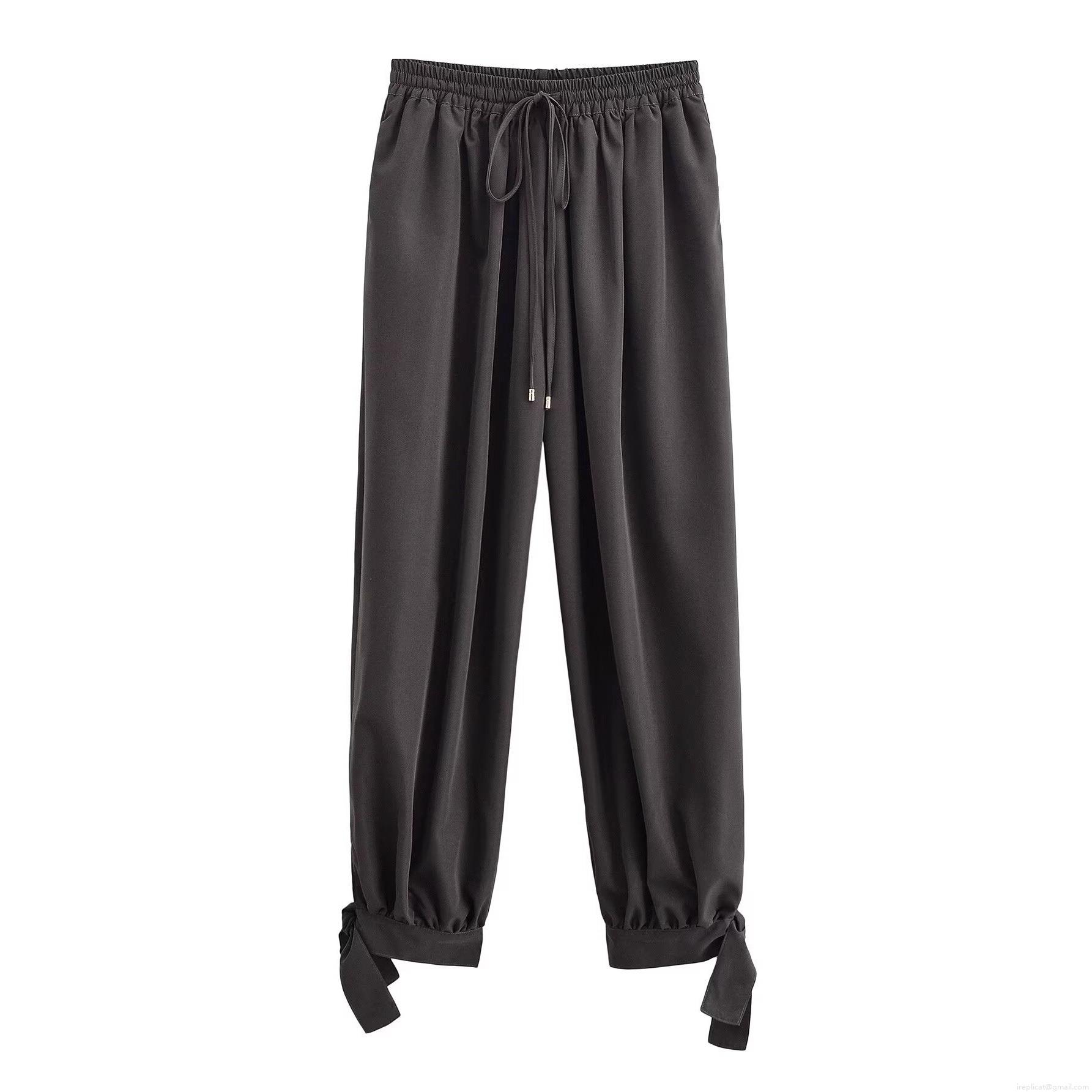 Women's Casual High Waist Lantern Pants 100% Polyester Loose Fit Bow Tie Ankle Cuffed Trousers With Drawstring Streetwear Lady