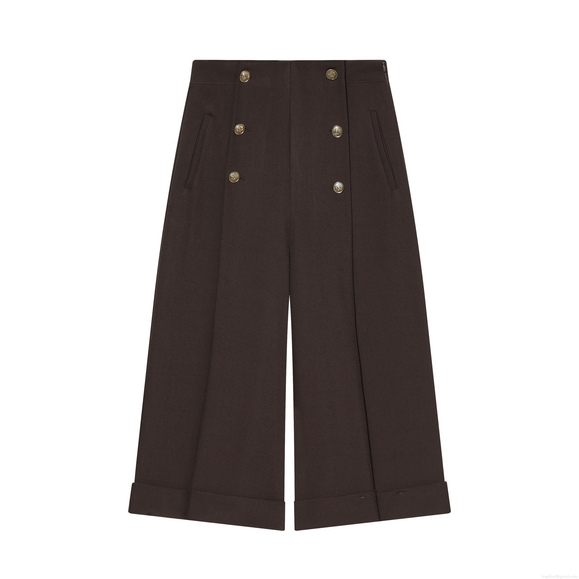 Women High Waisted Wide Leg Capri Pants Double Breasted Gold Button Cuffed Hem Casual Trousers For Office Daily Wear Elegant Thickened Polyester Straight Pants