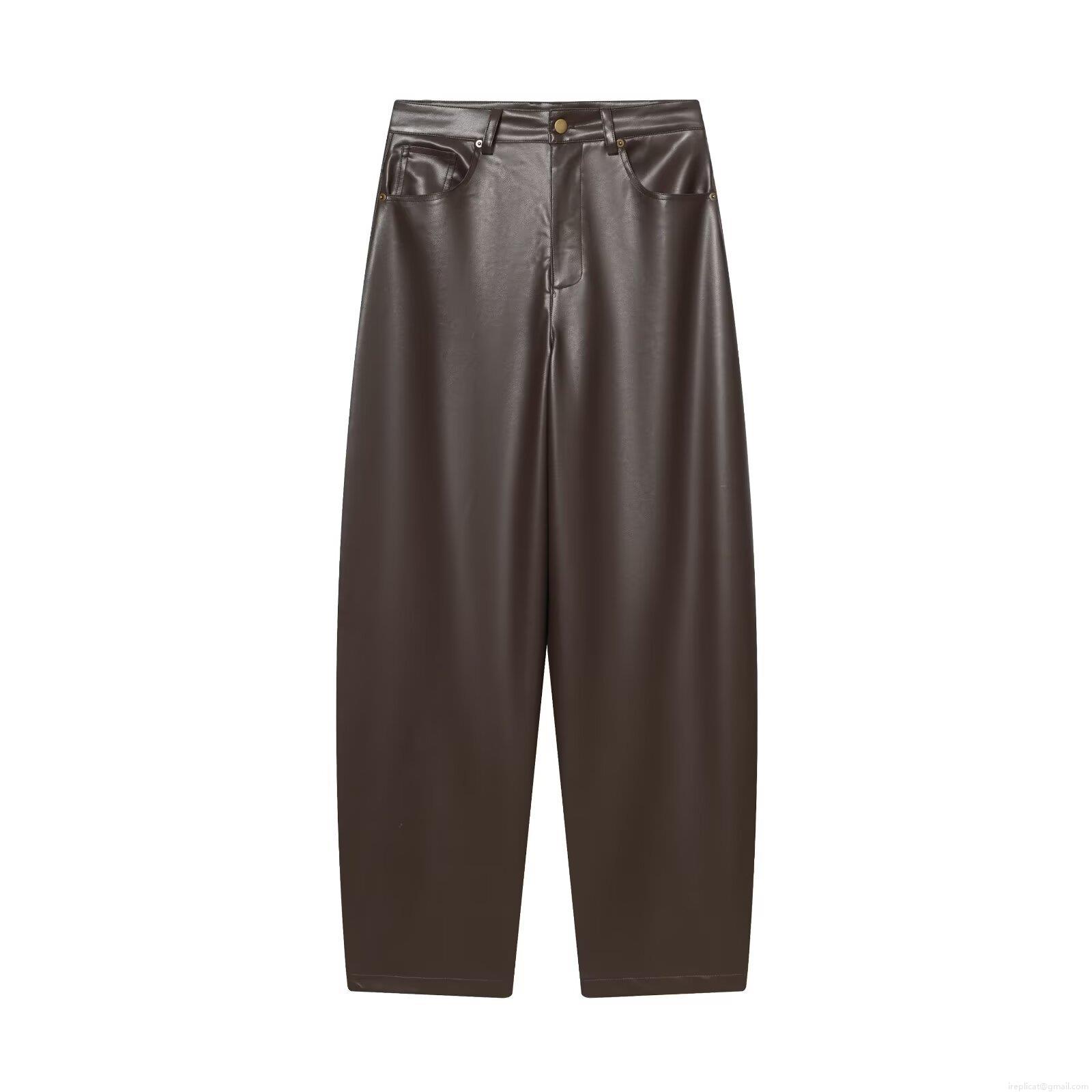 Women's High Waist Faux Leather Wide Leg Pants Casual Deep Brown PU Trousers Fashion Solid Color Loose Long Pants For Women Streetwear