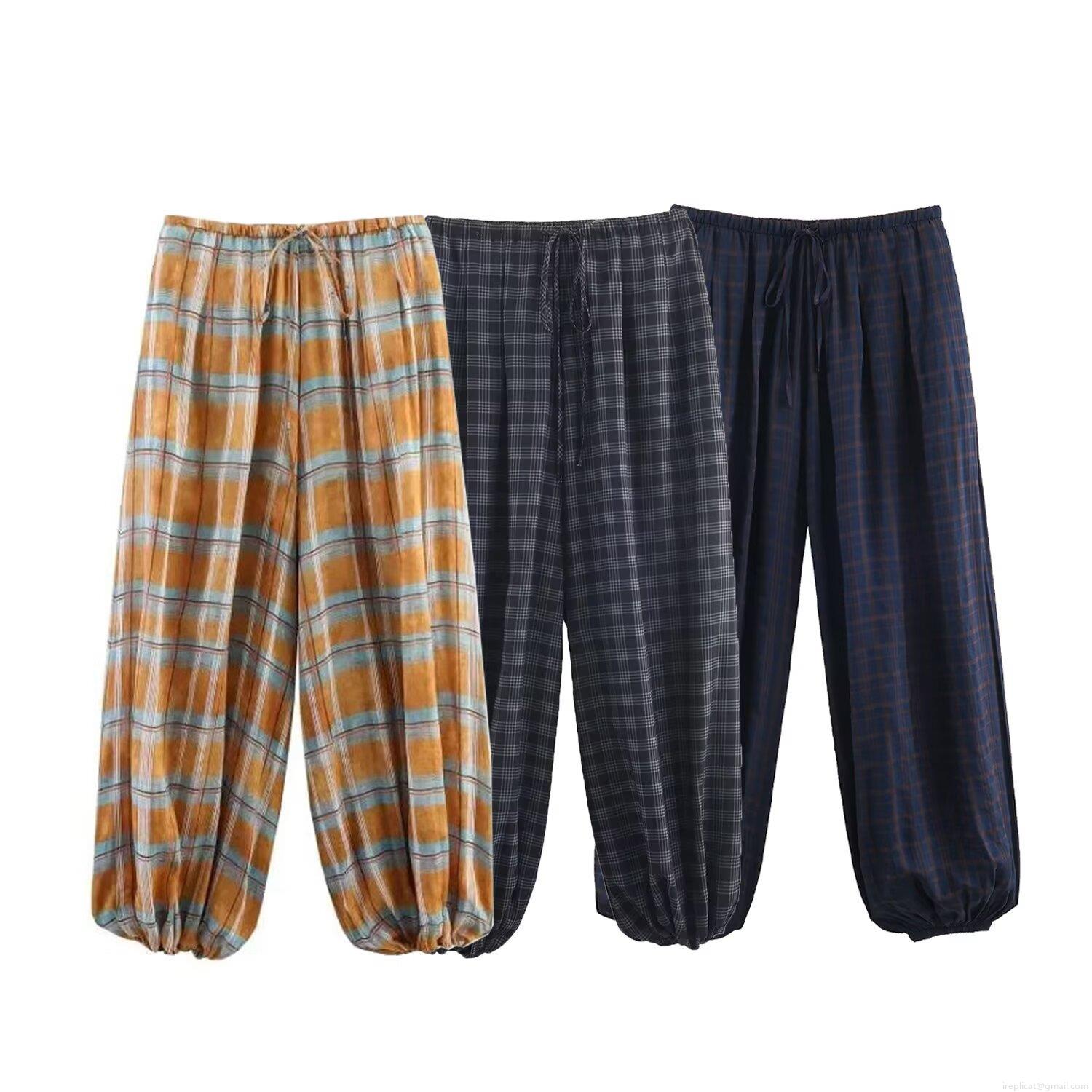 Women's Casual Plaid Joggers High Waist Elastic Drawstring Lantern Pants Loose Tapered Trousers Comfortable Polyester Bottoms For Daily Home Wear