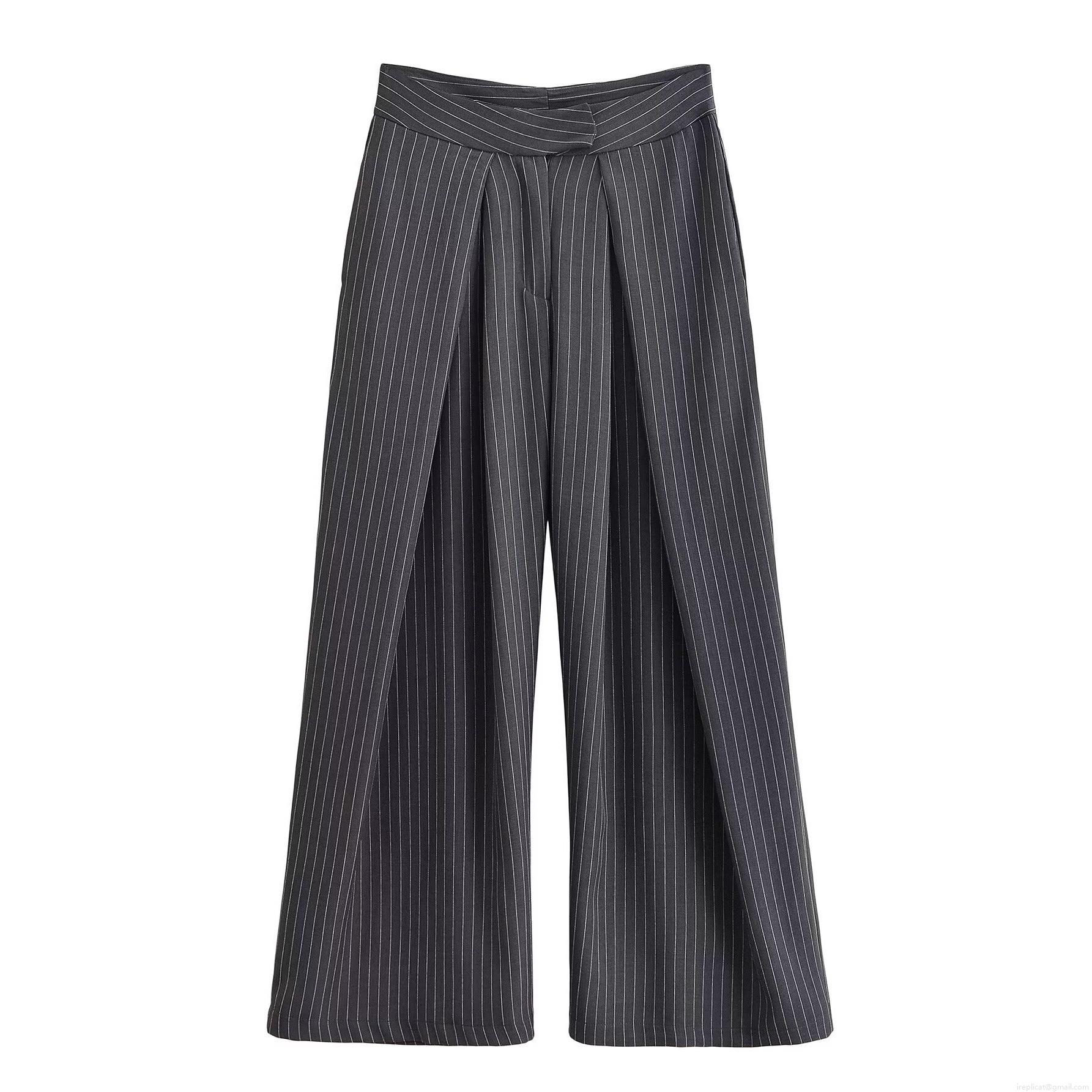 Women's Striped Wide Leg Pants High Waist Loose Casual Trousers 100% Polyester Striped Pattern For Office Daily Commute Elegant Full Length Pants