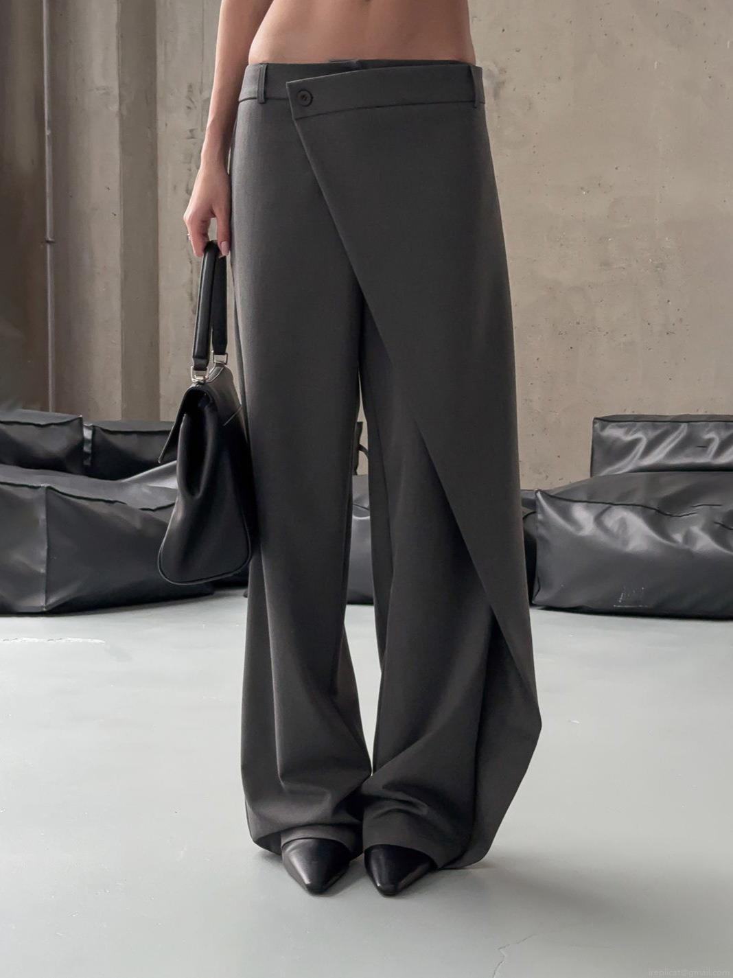 Women's Cotton Blend High Waist Wide Leg Trousers Asymmetric Wrap Front Suit Pants Minimalist Drapey Office Long Pants