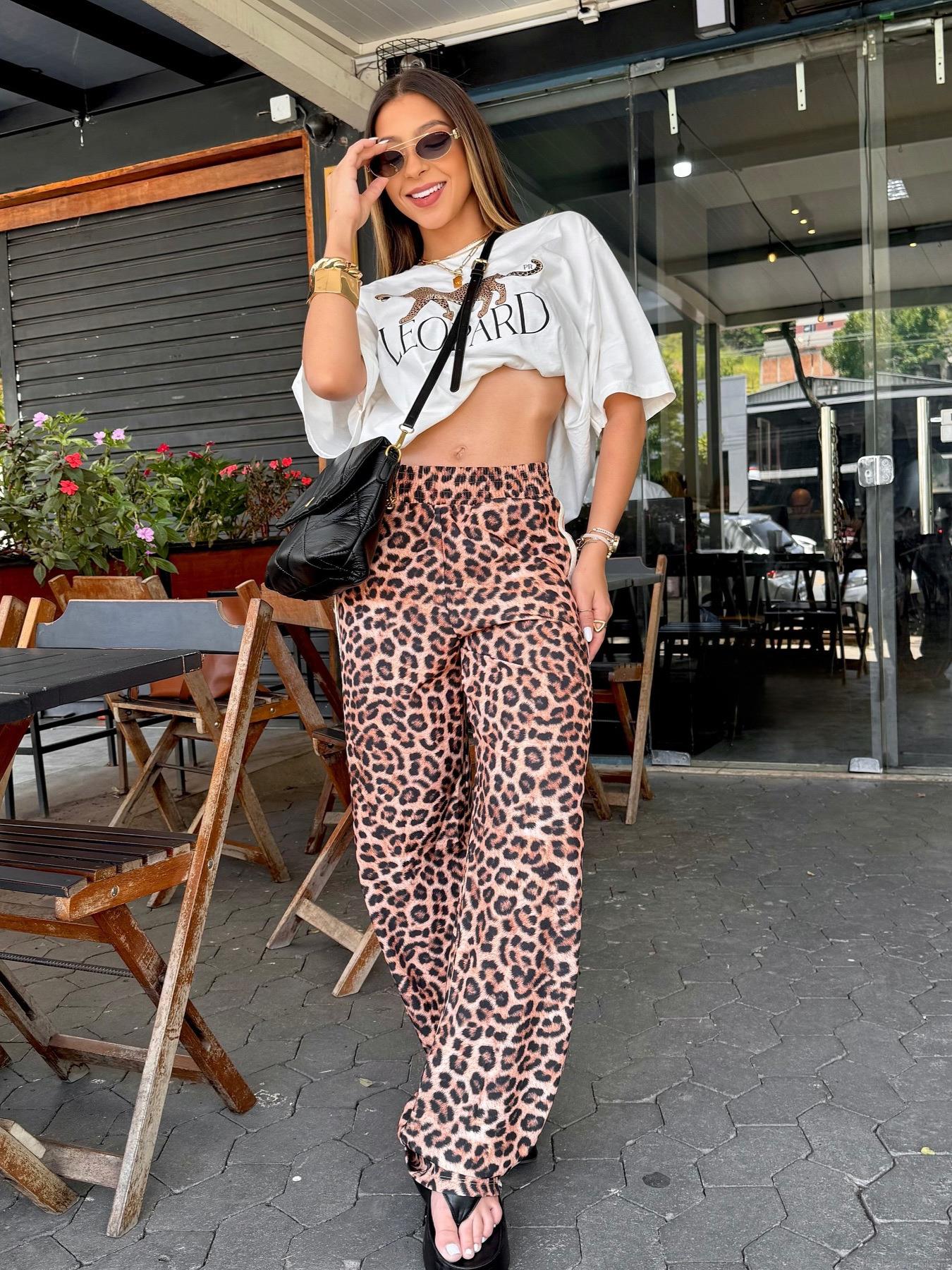 Women's Leopard Print Wide Leg Pants High Waist Side Striped Casual Loose Trousers Summer Streetwear Fashion Animal Print Bottoms