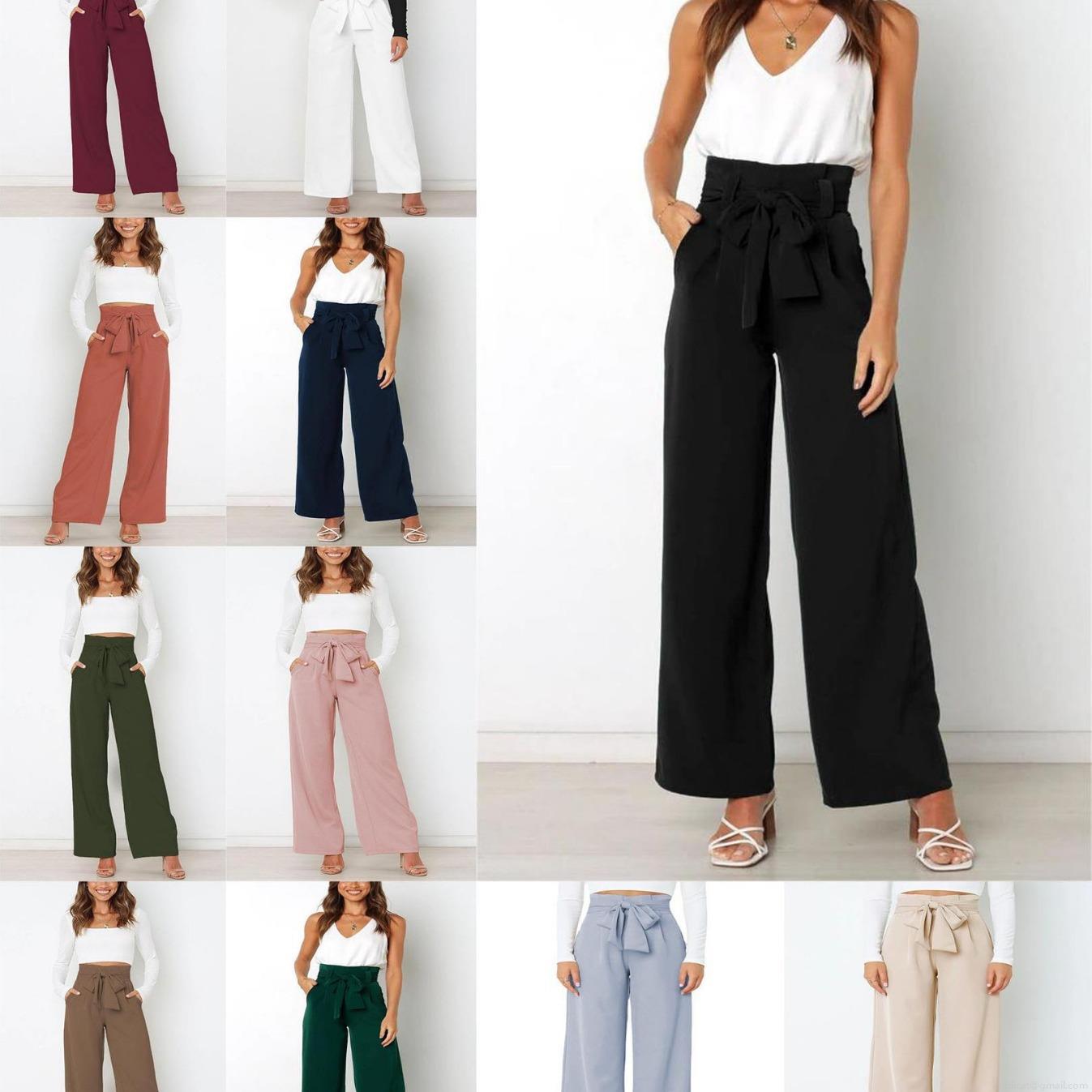 Women's High Waisted Wide Leg Pants With Bow Tie Belt Elegant Office Commute Solid Color Draped Trousers With Pockets Casual Slimming Long Pants