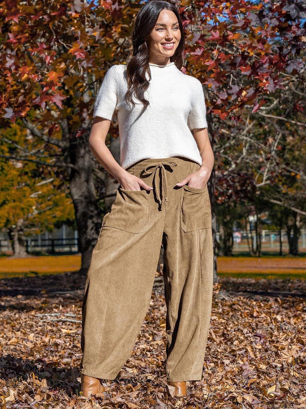 Women's High Waisted Corduroy Wide Leg Pants Casual Loose Drawstring Trousers with Large Pockets Solid Color Straight Leg Pants