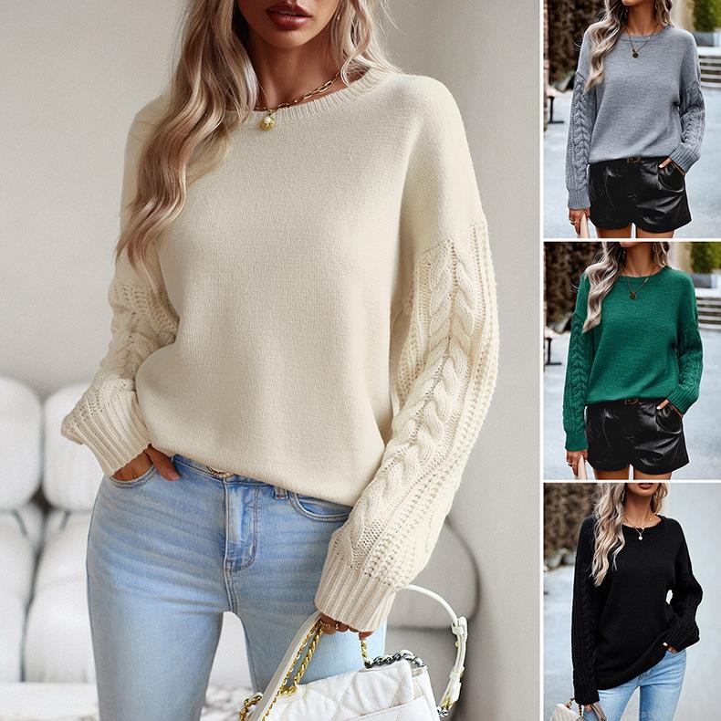 Women's Round Neck Cable Knit Long Sleeve Sweater Autumn Winter Solid Color Loose Pullover Casual Knitted Tops