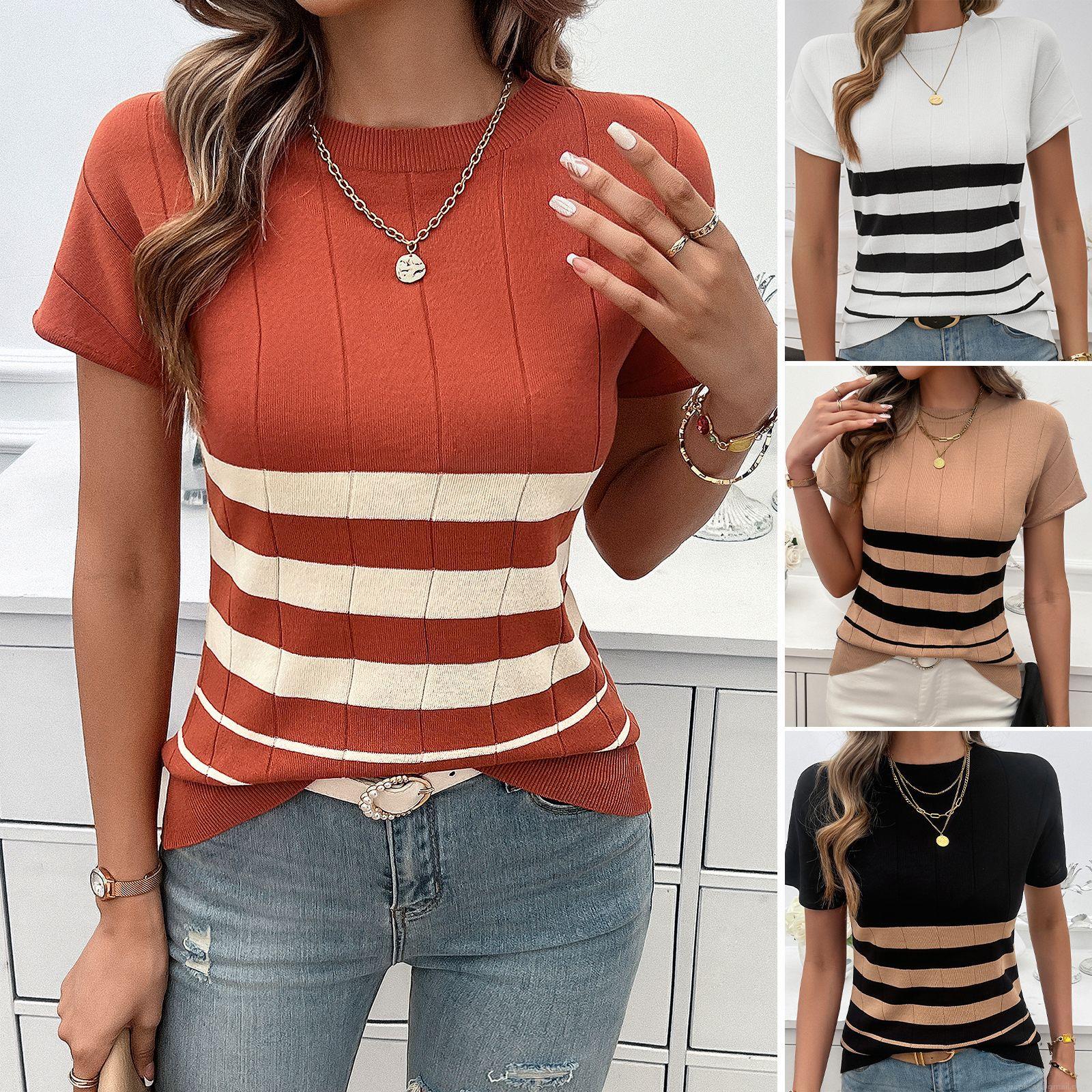 Women Elegant Striped Short Sleeve Knit Sweater 100% Viscose Round Neck Slim Fit Pullover Top for Office Daily Casual Wear