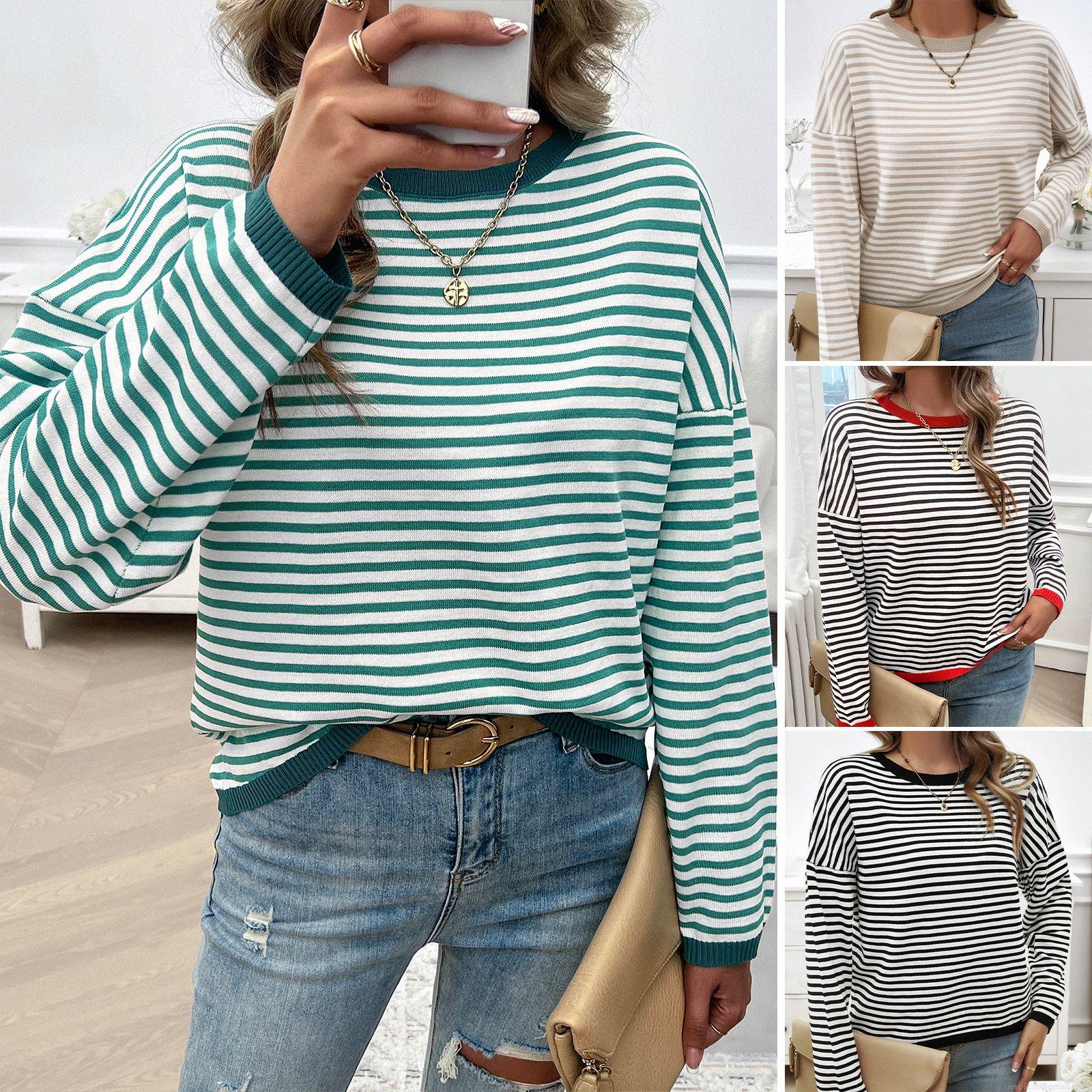 Women's Striped Sweater 100% Viscose Round Neck Long Sleeve Loose Fit Contrast Color Ribbed Knit Top Casual Daily Autumn Winter Fashion Elegant Pullover