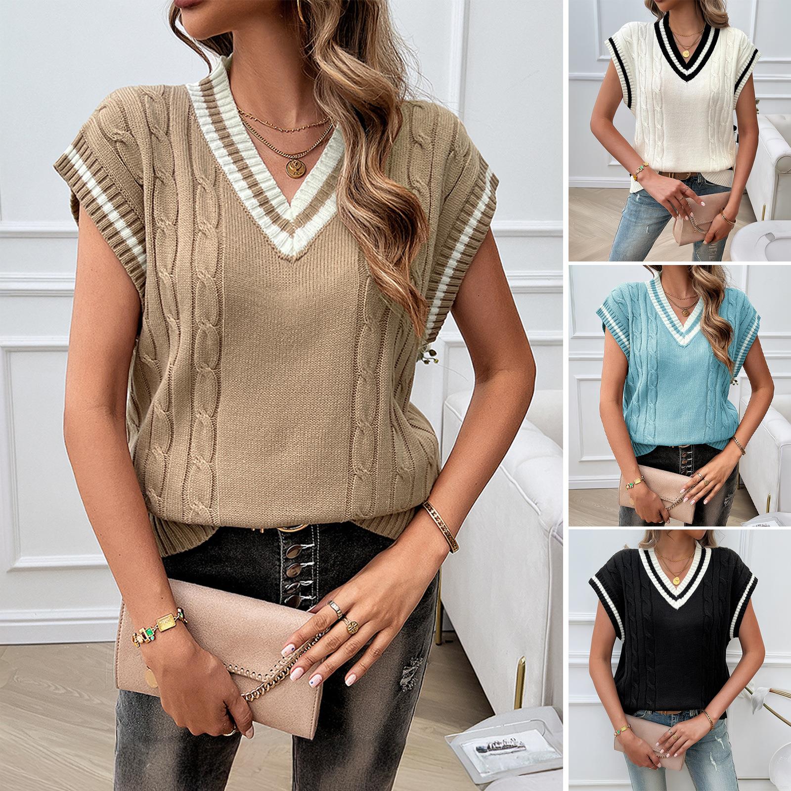 Women's Casual Sleeveless V-Neck Cable Knit Sweater Vest Loose Fit Contrast Stripe Trim Pullover Knitted Tank Top For Autumn Winter Streetwear