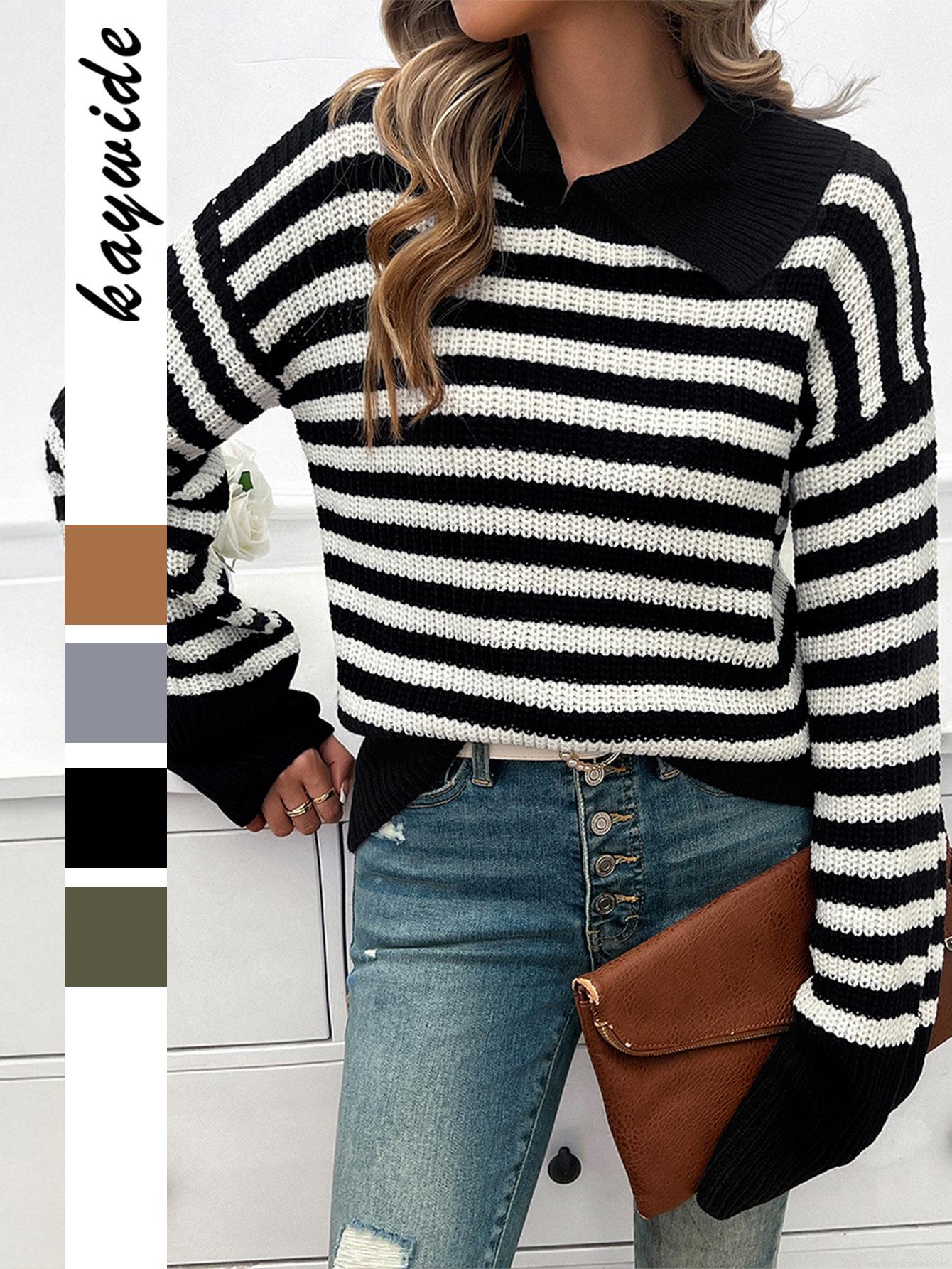 Women Elegant Striped Knit Sweater Turnover Navy Collar Long Sleeve Pullover Slim Fit Knitwear Tops Casual Acrylic Polyester Stripe Jumper Daily Wear