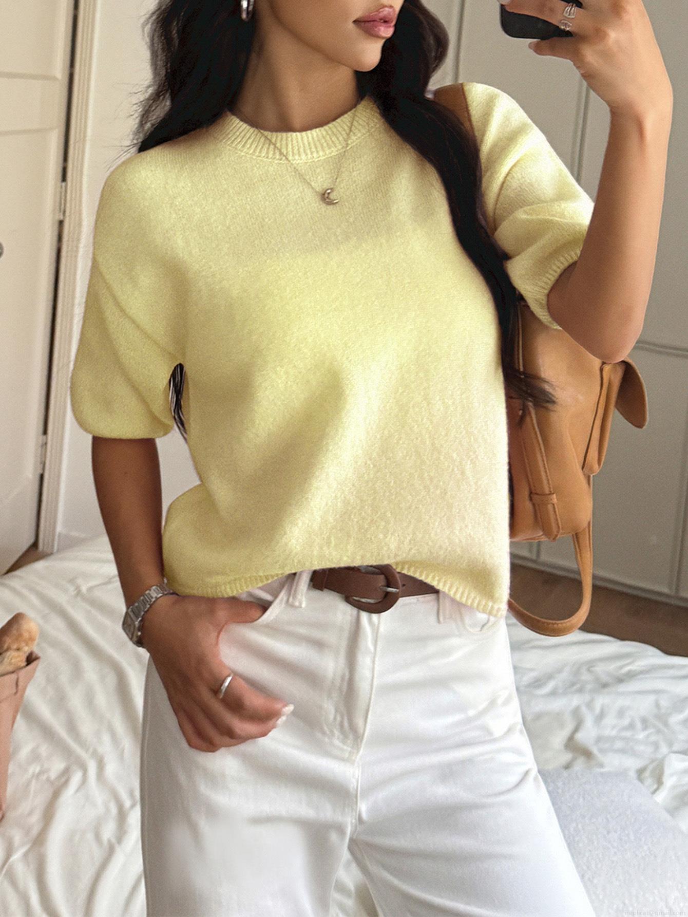 Women's Short Sleeve Knit Sweater Wool Blend Round Neck Solid Color Casual Pullover Top Soft Knitwear For Autumn Spring Vacation