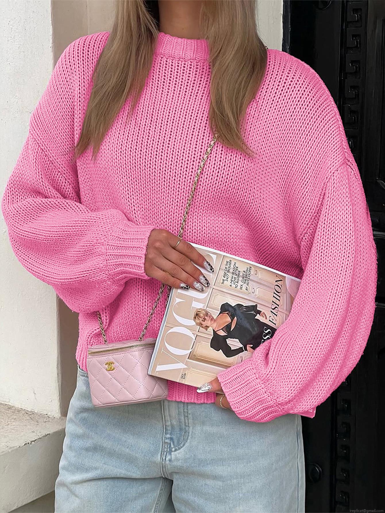 Women's Casual Round Neck Chunky Knit Pullover Sweater 100% Acrylic Long Sleeve Solid Color Loose Fit Jumper For Autumn Winter