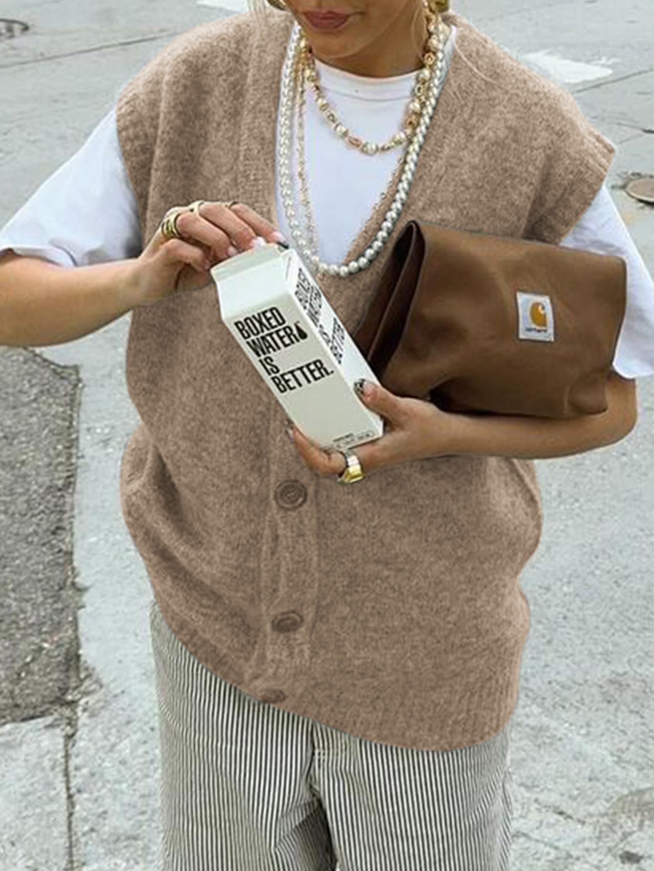 Women's V-Neck Knitted Vest Button Up Loose Sleeveless Sweater Waistcoat Polyester Wool Blend Knitwear Casual Streetwear Outerwear For Women