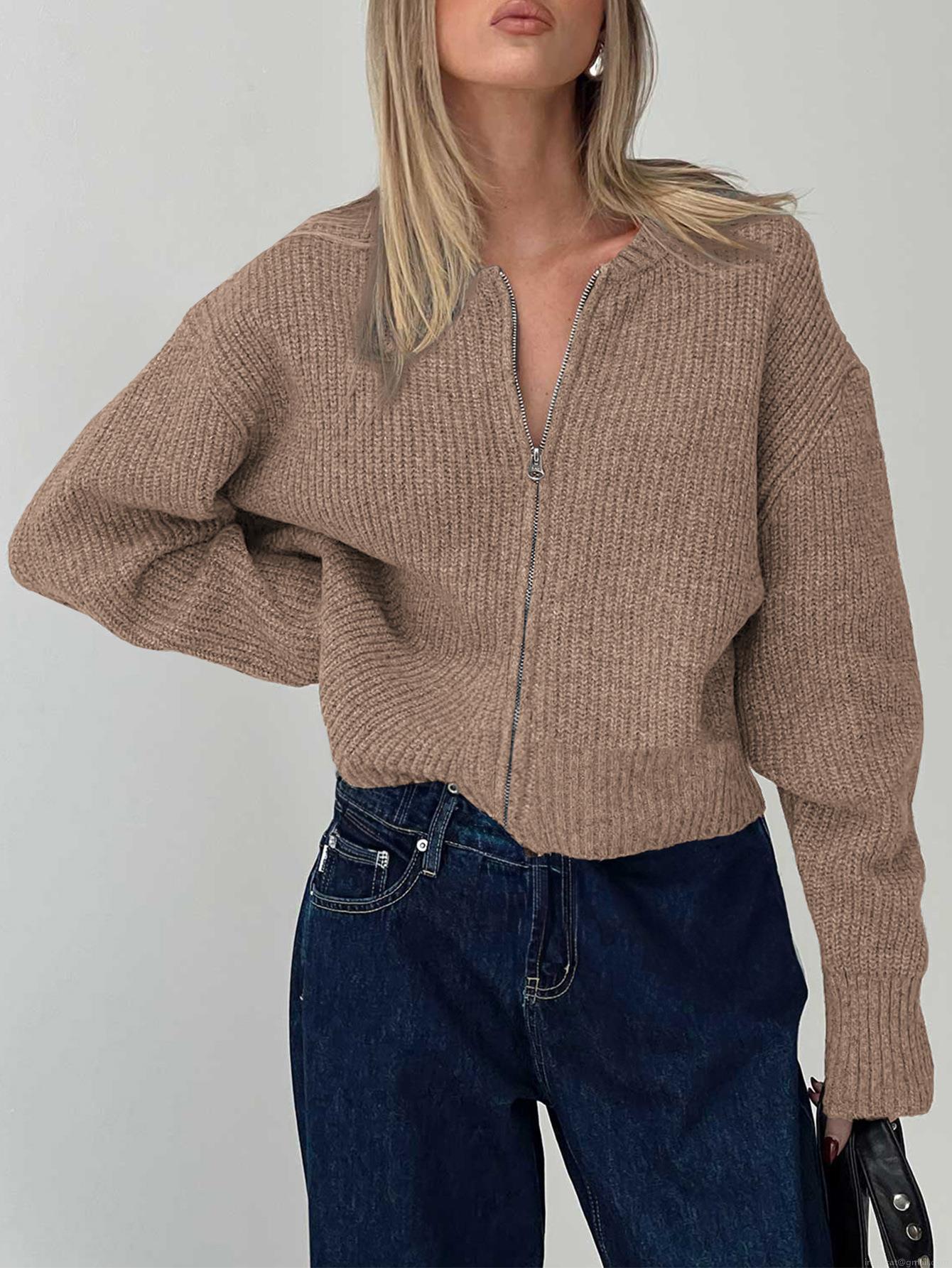 Women's Casual Chunky Knit Cardigan Sweater Zipper Front Long Sleeve Loose Short Pullover Jacket Solid Color Autumn Winter Polyester Top