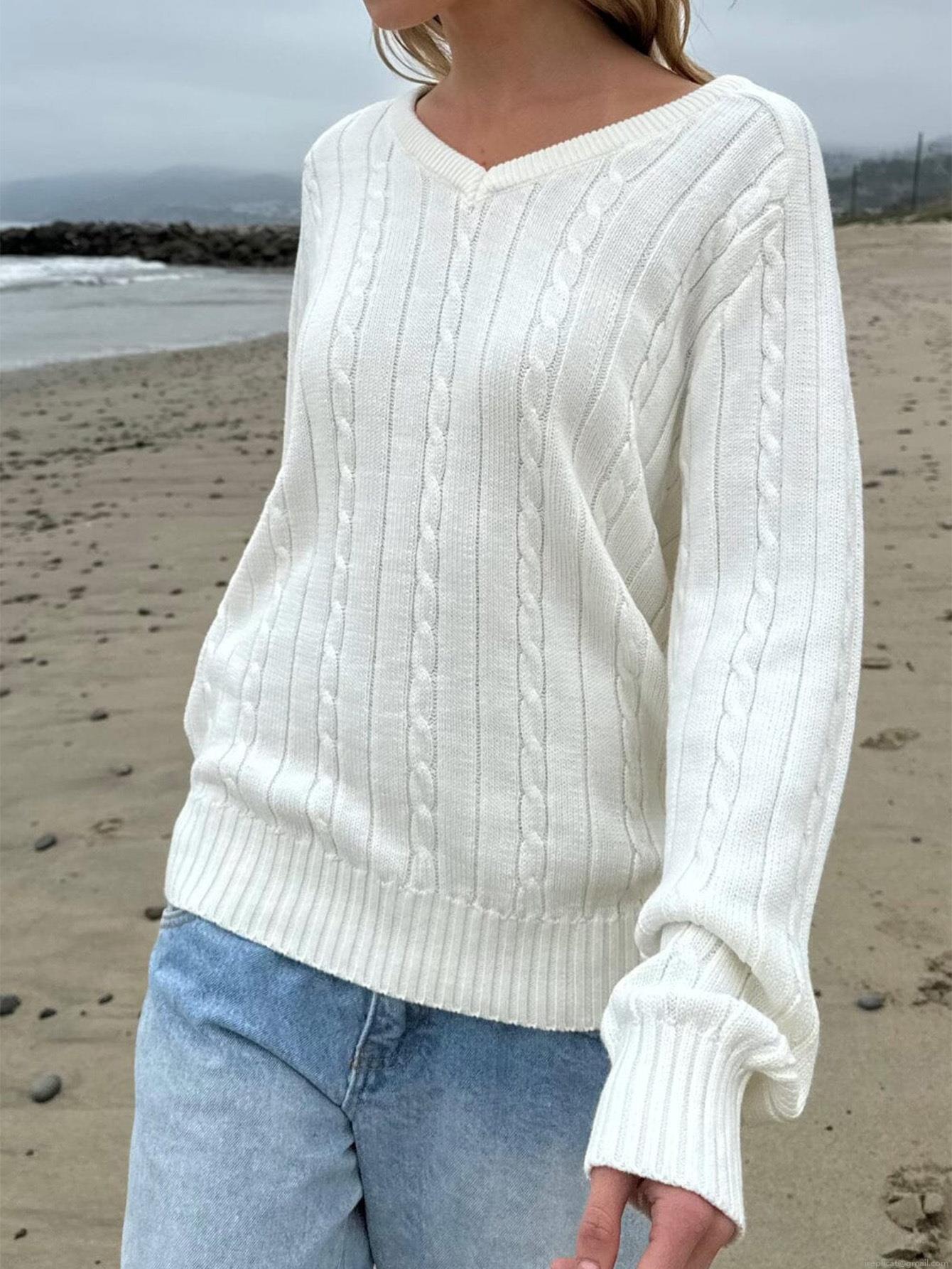 Women's V-Neck Cable Knit Sweater Casual Loose Solid Color Long Sleeve Pullover Knitwear Tops for Autumn Winter