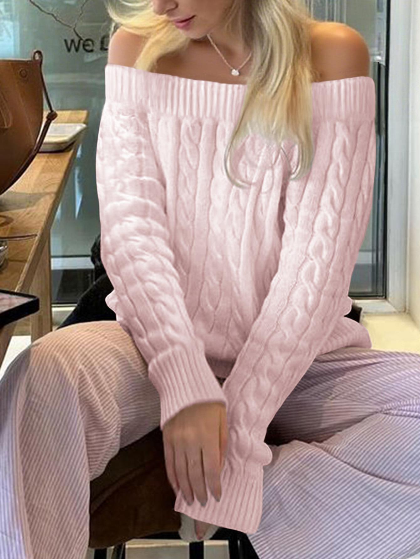 Women's Off-Shoulder Cable Knit Sweater Long Sleeve Viscose Polyester Polyamide Blend Loose Fit Solid Color Pullover For Autumn Winter Casual Daily Wear