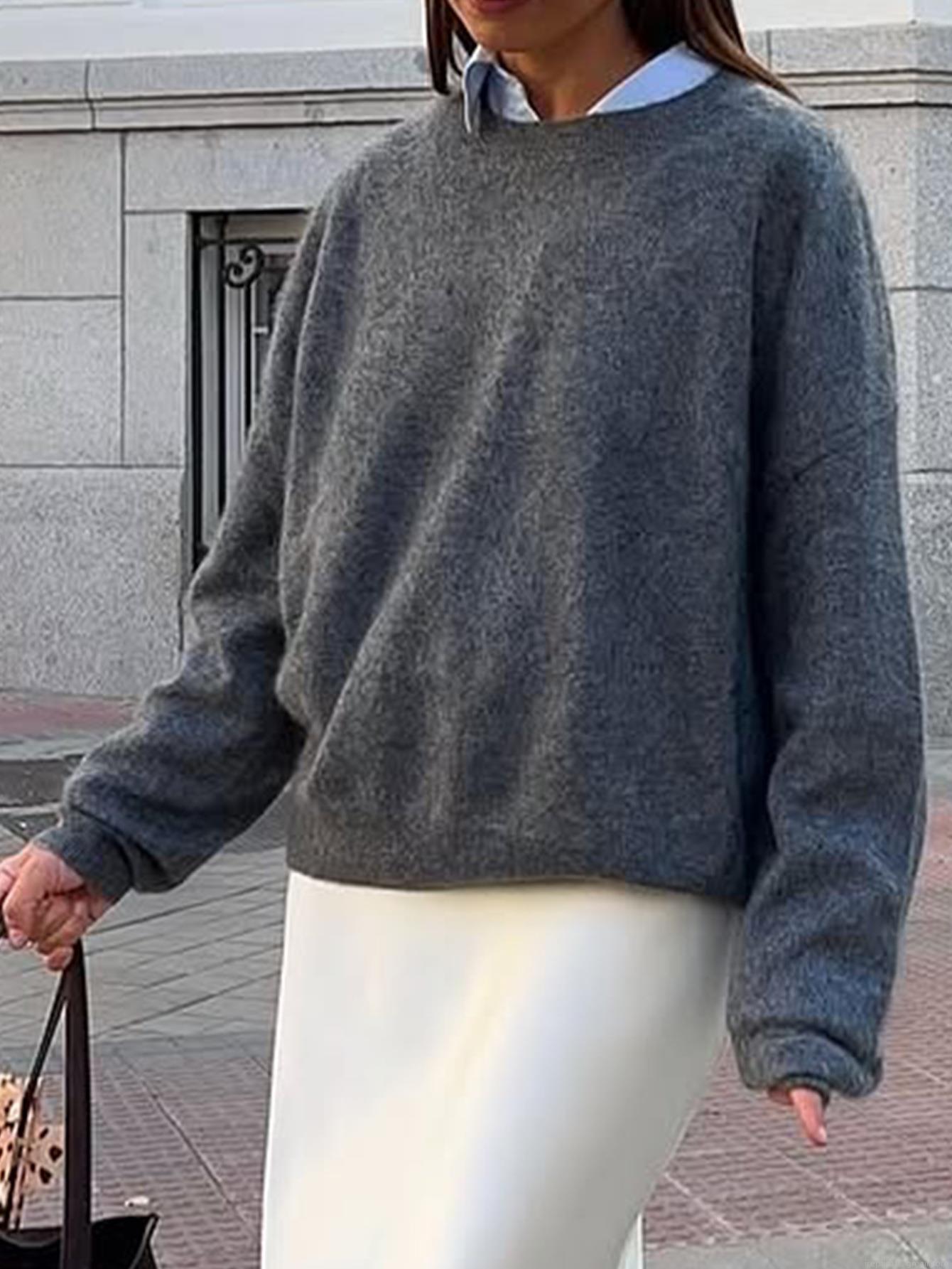 Women's Casual Crewneck Long Sleeve Knit Sweater Loose Solid Color Pullover Top with 65% Polyester 13% Nylon 13% Acrylic 6% Wool 3% Spandex for Autumn Winter