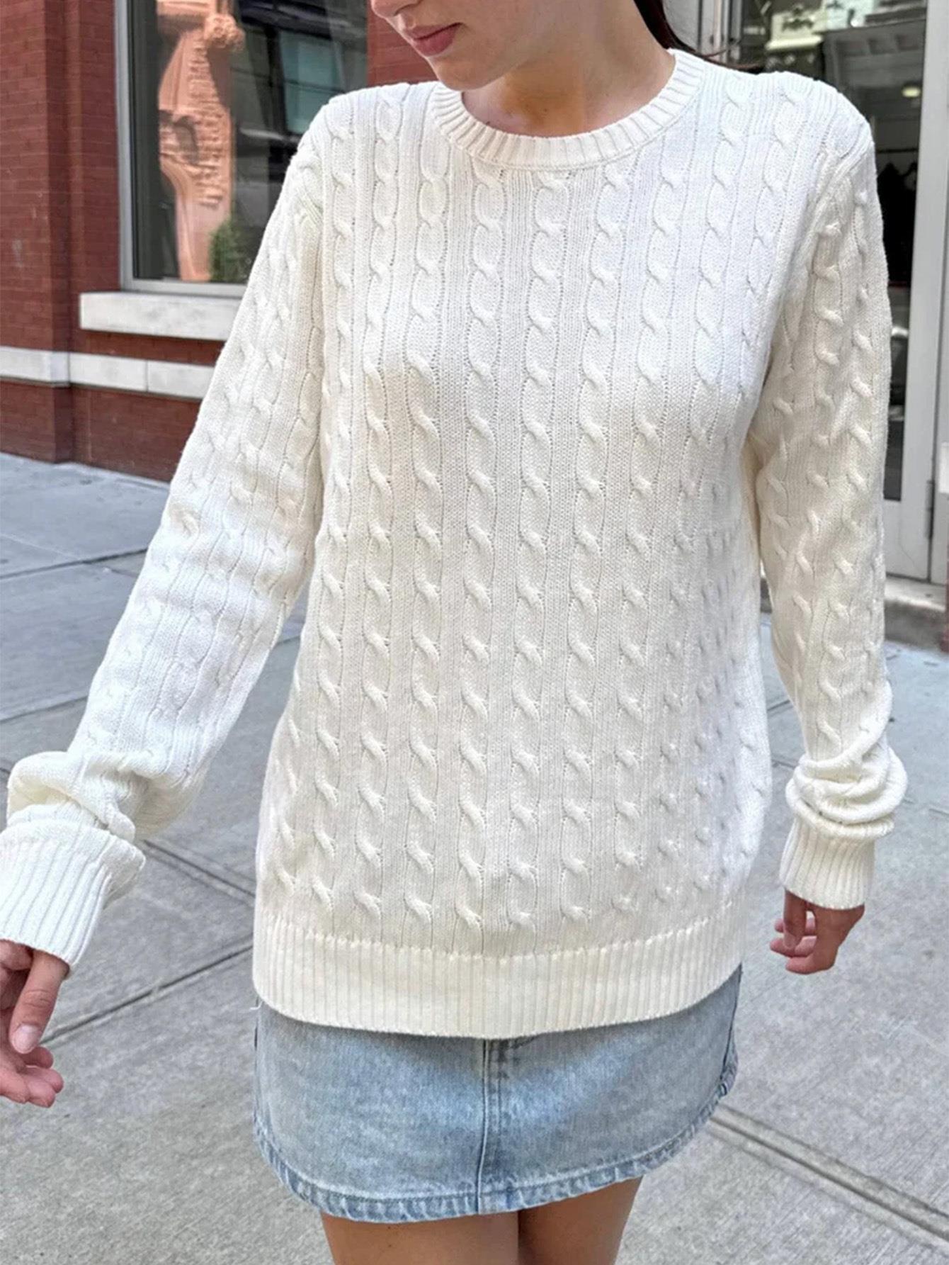 Women's Cable Knit Long Sleeve Sweater Crewneck Casual Loose Pullover Solid Color Viscose Blend Knitwear Top for Autumn Winter