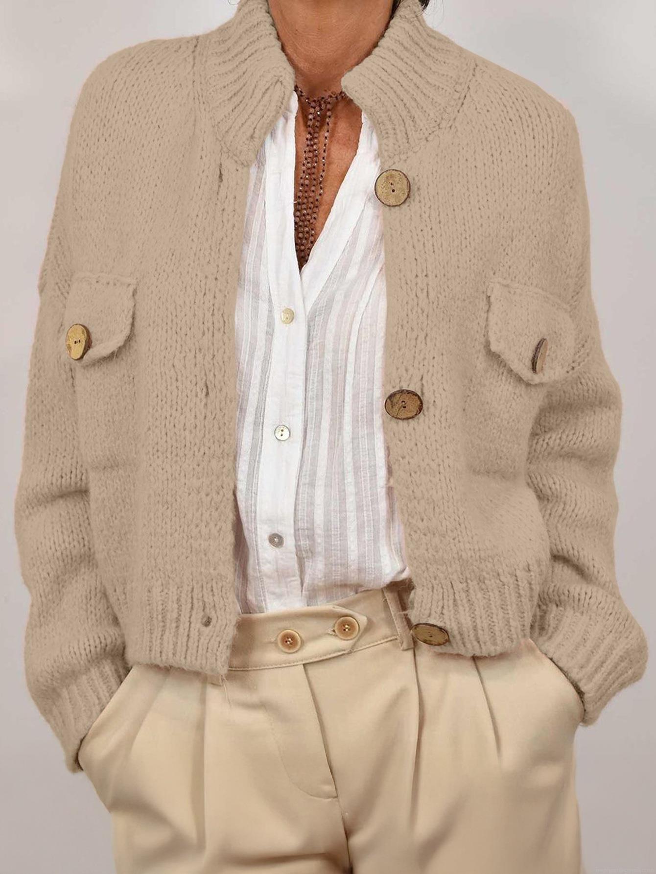 Women's Knit Cardigan Sweater Solid Color Long Sleeve Mock Neck Button Front Jacket With Pockets Casual Loose Knitwear Outerwear For Fall Winter Ladies Fashion