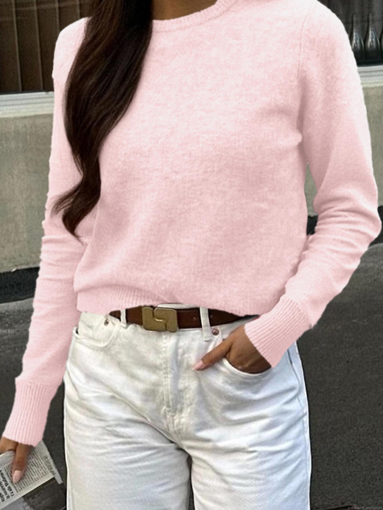 Women's Casual Knit Sweater Round Neck Long Sleeve Polyester Wool Blend Solid Color Ribbed Pullover Tops For Daily Wear Office Autumn Winter
