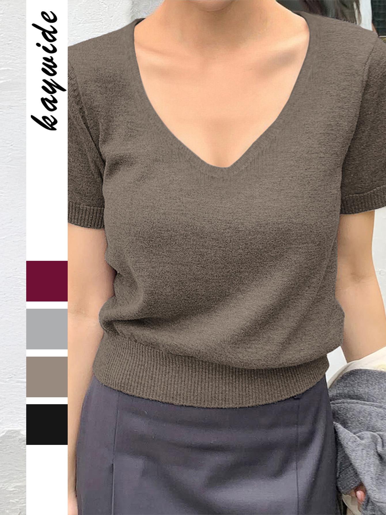 Women's Casual V-Neck Short Sleeve Knit Sweater Top 100% Polyester Soft Solid Color Minimalist Pullover Knit T-Shirt For Daily Office Travel Autumn Winter