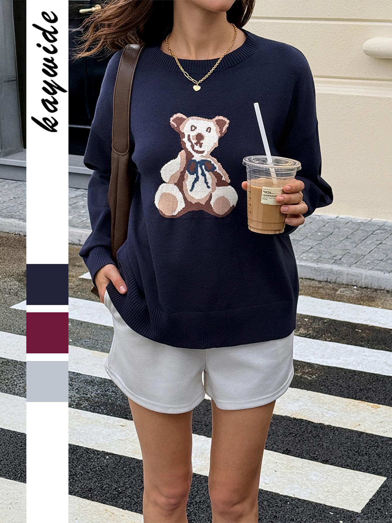 Women's Casual Knit Sweater Viscose Blend Long Sleeve Round Neck Loose Fit Teddy Bear Jacquard Pullover For Autumn Winter Daily Vacation