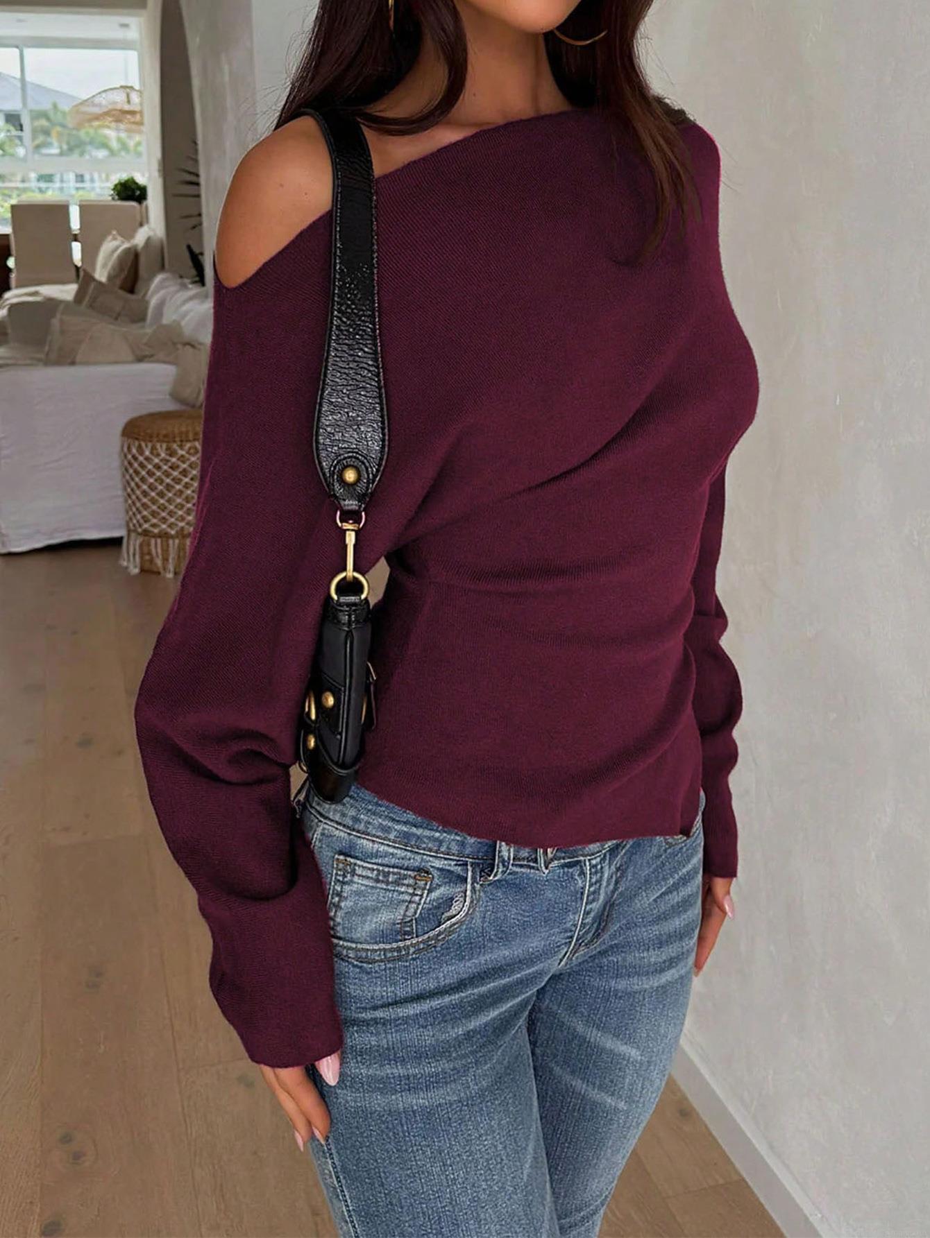 Women's Sexy Off Shoulder Long Sleeve Knit Sweater Solid Color Loose Pullover Jumper With Slit Casual Viscose Blend Top For Autumn Winter