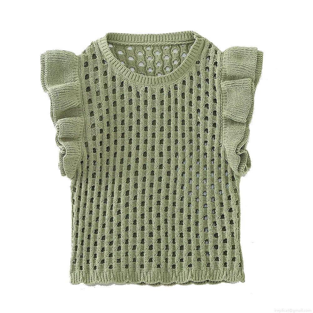 Women's Sweet Hollow Out Knit Vest Top Ruffle Fly Sleeve Round Neck Sleeveless Layering Sweater Solid Color Vintage Style Tank Top For Daily Wear