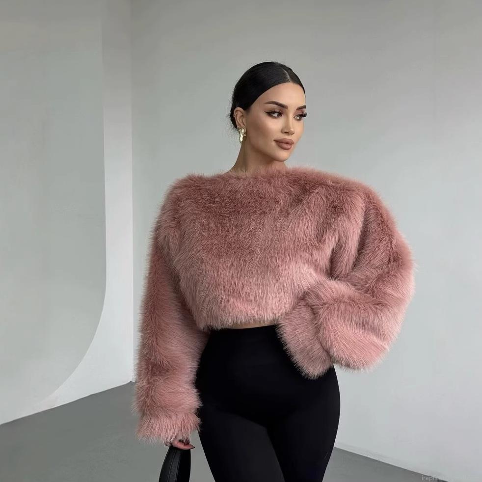 Women's Sexy Faux Fur Cropped Top Loose Round Neck Long Sleeve Plush Shirt Streetwear Winter Warm Shaggy Sweater For Ladies Solid Color Soft Fuzzy Texture