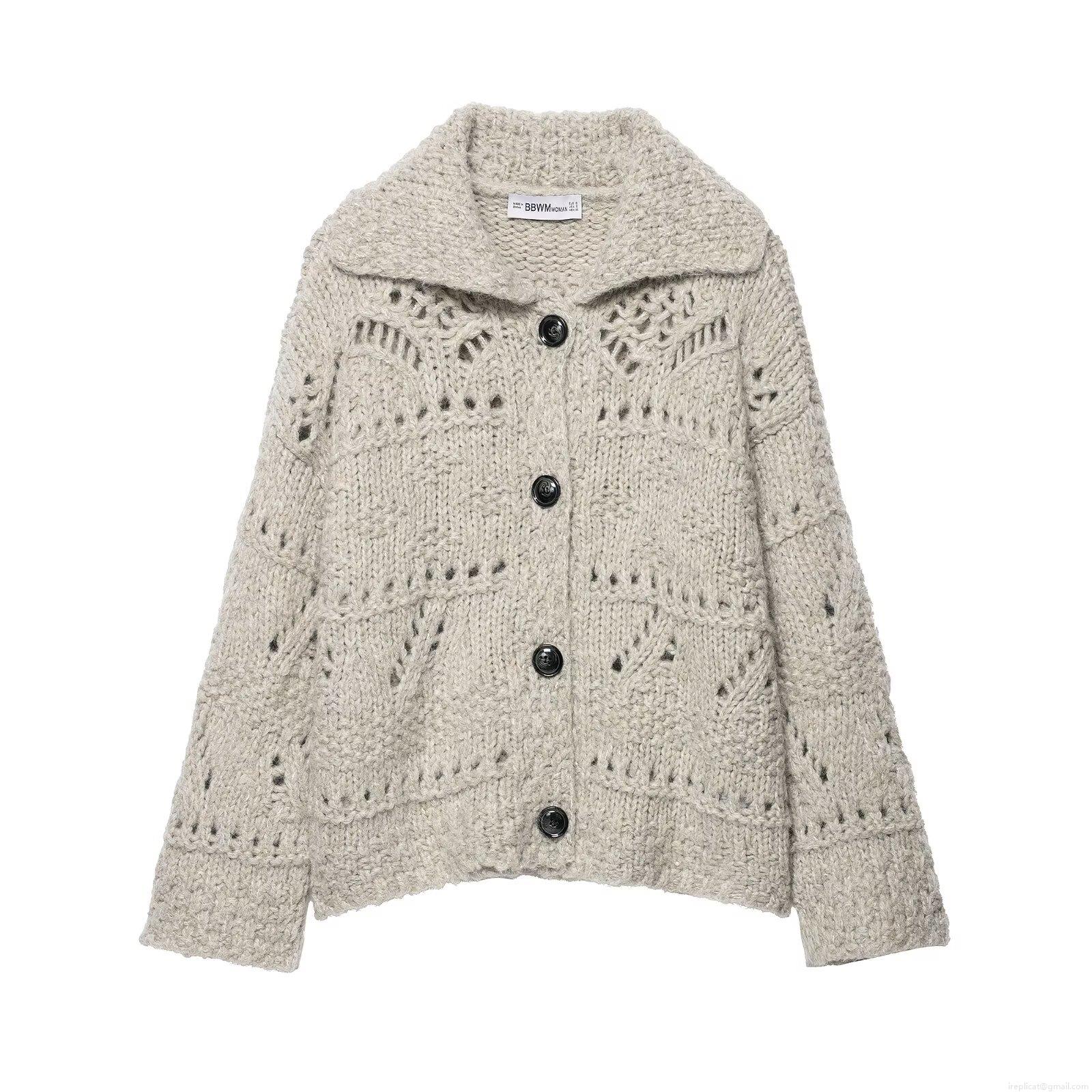 Women's Casual Hollow Out Knit Cardigan Long Sleeve Lapel Button Down Loose Sweater Short Knitted Coat 100% Polyester Outwear For Fall Winter