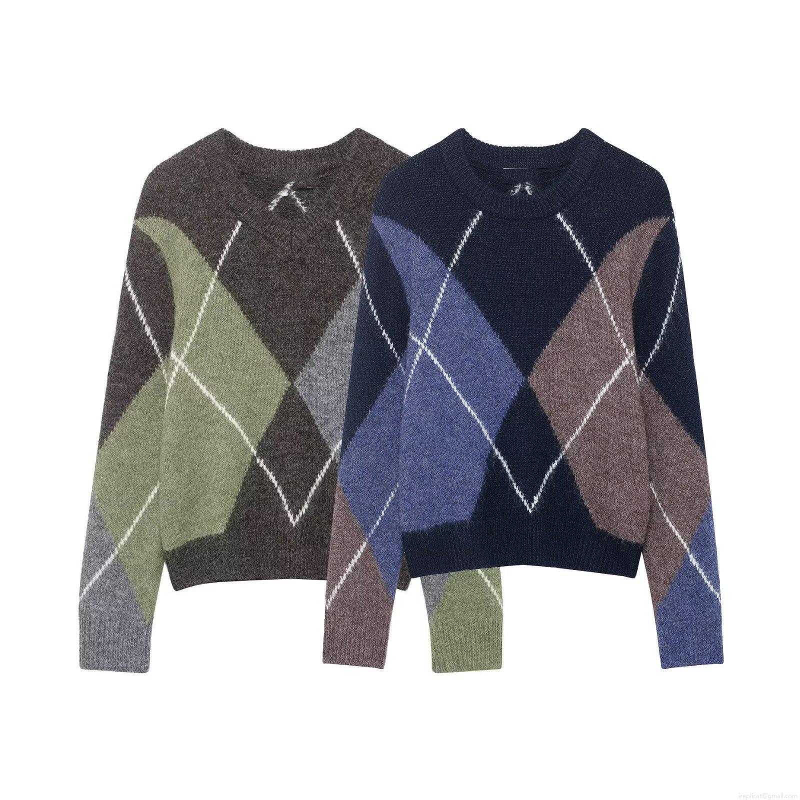 Women's Vintage Argyle Plaid Knit Sweater 100% Polyester Round Neck Color Block Long Sleeve Pullover Jumper For Casual Daily Streetwear