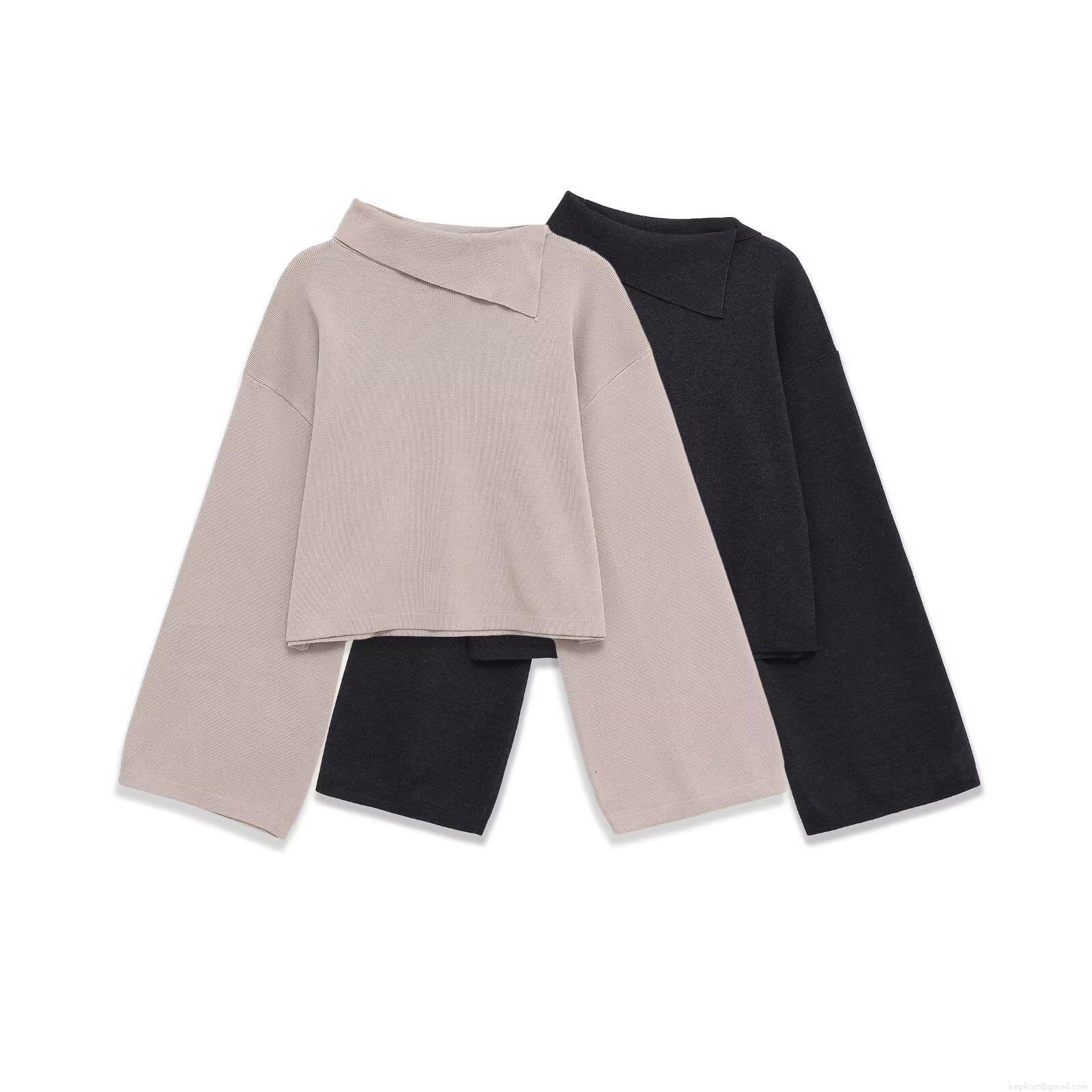 Women Asymmetric Neck Polyester Knit Sweater Cropped Wide Sleeve Pullover Streetwear Autumn Winter Jumper Top