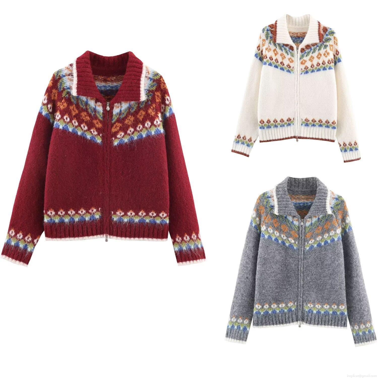 Women's Vintage Fair Isle Knit Cardigan Geometric Pattern Turn-down Collar Zipper Sweater Jacket Casual Warm Long Sleeve Knitwear For Autumn Winter