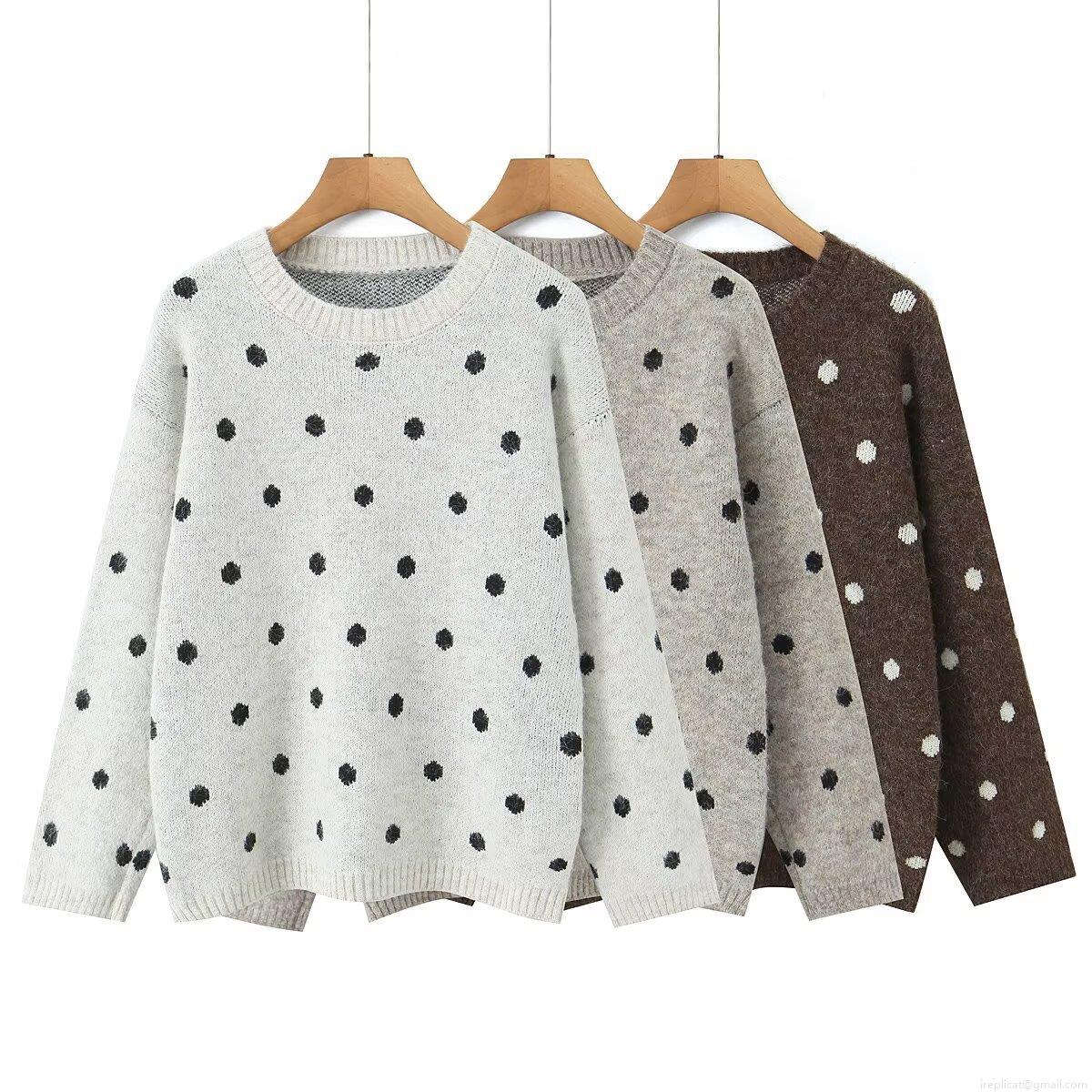 Women's Polka Dot Knit Sweater Round Neck Long Sleeve Loose Pullover Casual Streetwear Fall Winter Jumper Tops For Ladies