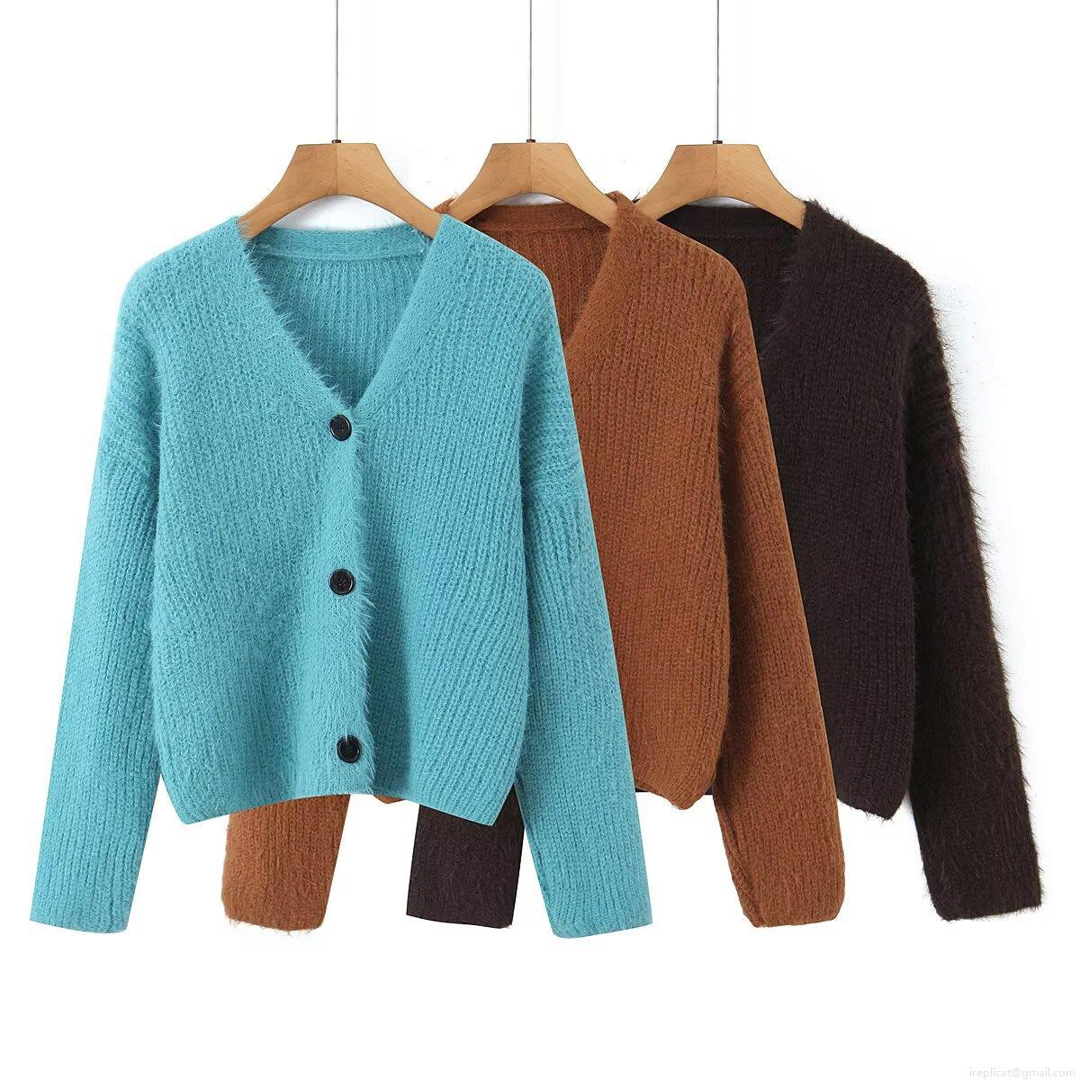 Women's V-Neck Knit Cardigan Sweater Faux Mohair Plush Single Breasted Long Sleeve Crop Top Casual Western Style Solid Color Warm Outerwear