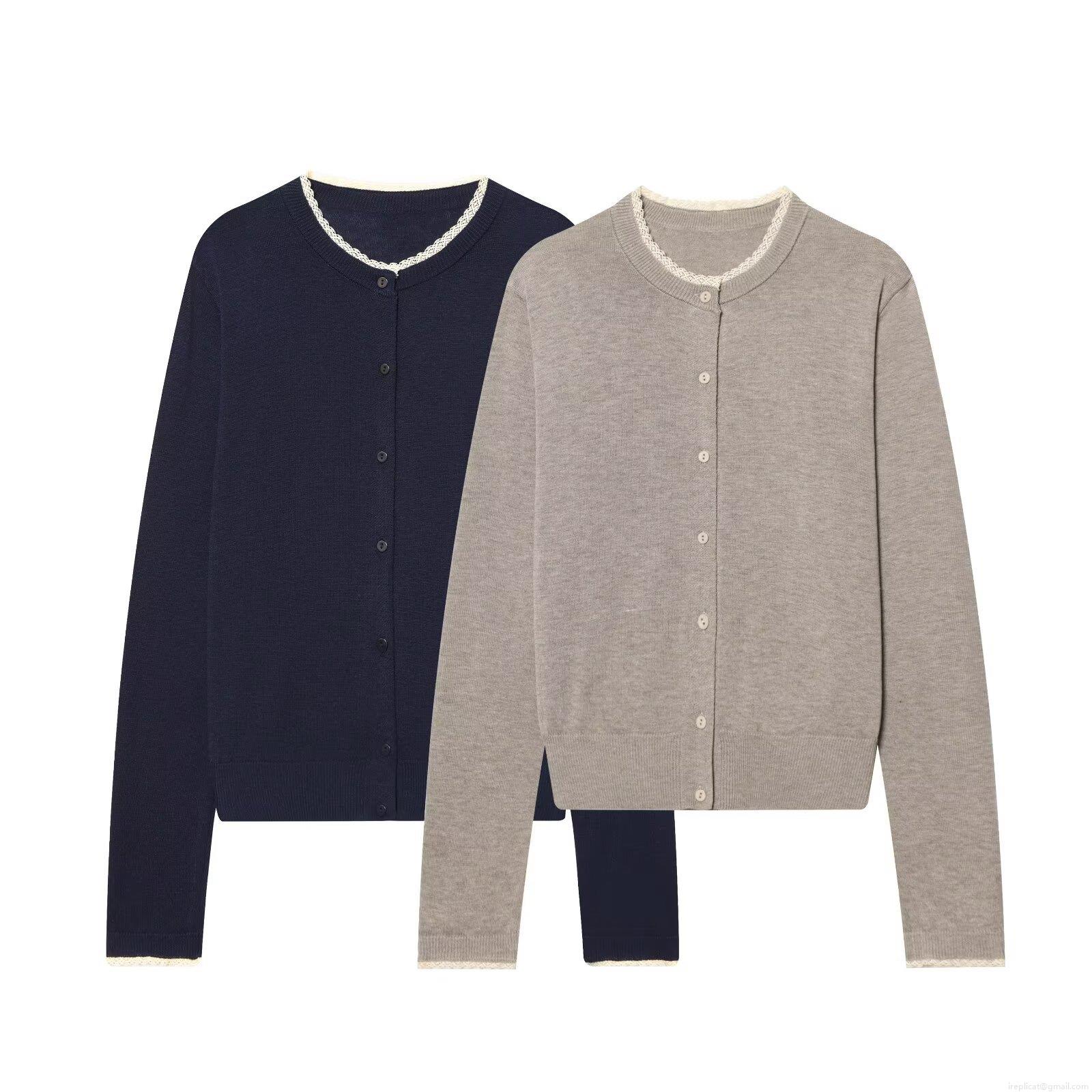 Women's Fashion Lace Trim Knit Cardigan Single-Breasted Long Sleeve Round Neck Cotton Blend Sweater Top Spring Autumn Casual Outerwear Clothing