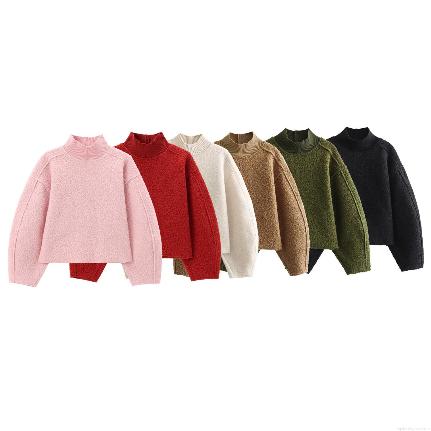 Women's Casual Loose Stand Collar Lantern Long Sleeve Sweater Solid Color Knit Pullover Jumper For Autumn Winter Lady