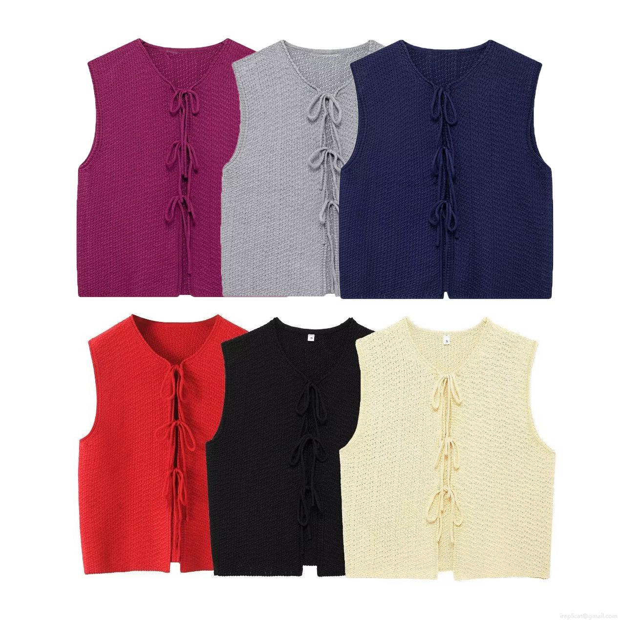 Women's Knitted Vest Retro V Neck Sleeveless Bow Tie Front Loose Fit Waistcoat Cardigan Casual Streetwear Polyester Knit Top For Women