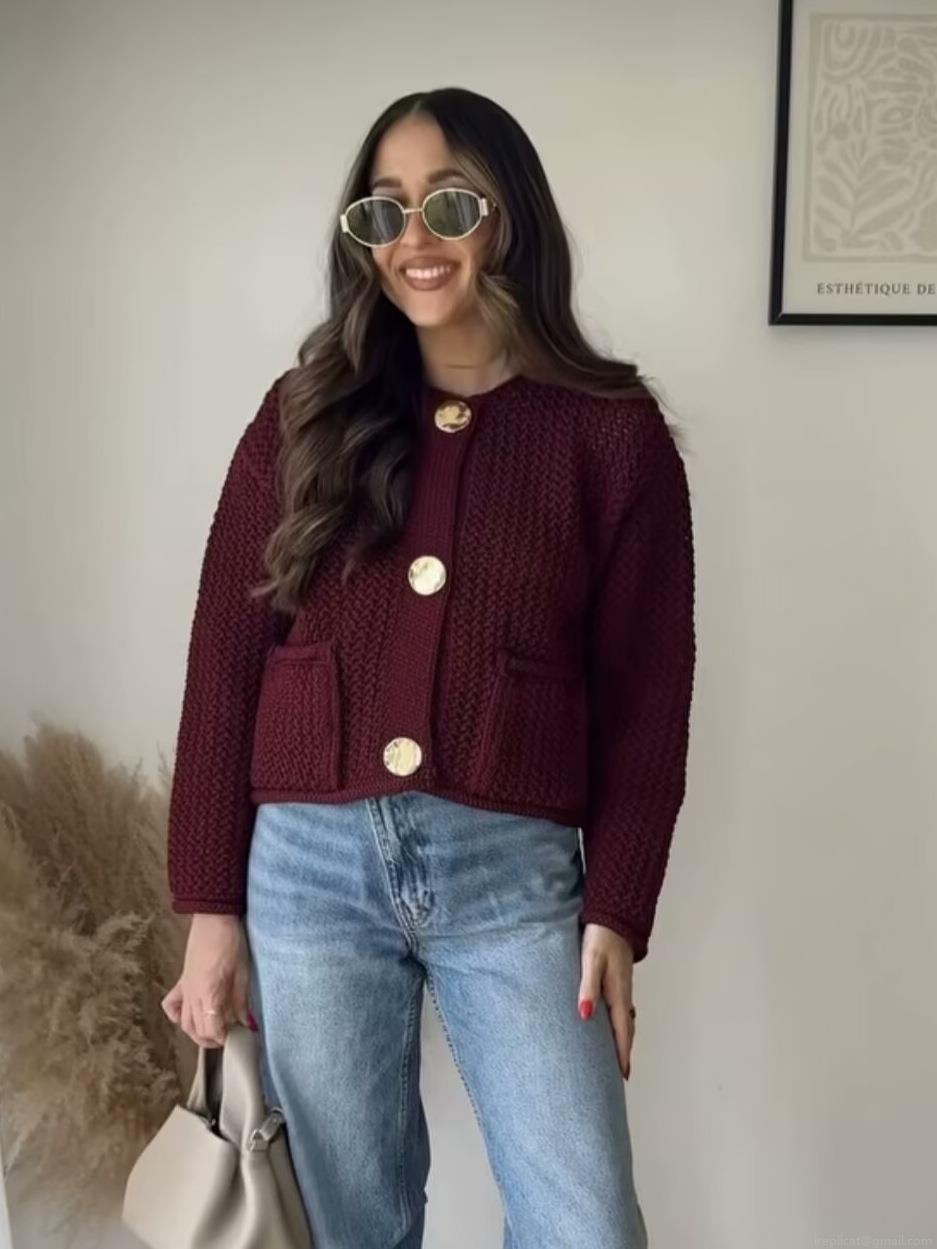 Women's Chunky Knit Cardigan Sweater Round Neck Hollow Out Long Sleeve Coat With Gold Buttons Solid Color Casual Streetwear Autumn Winter Top