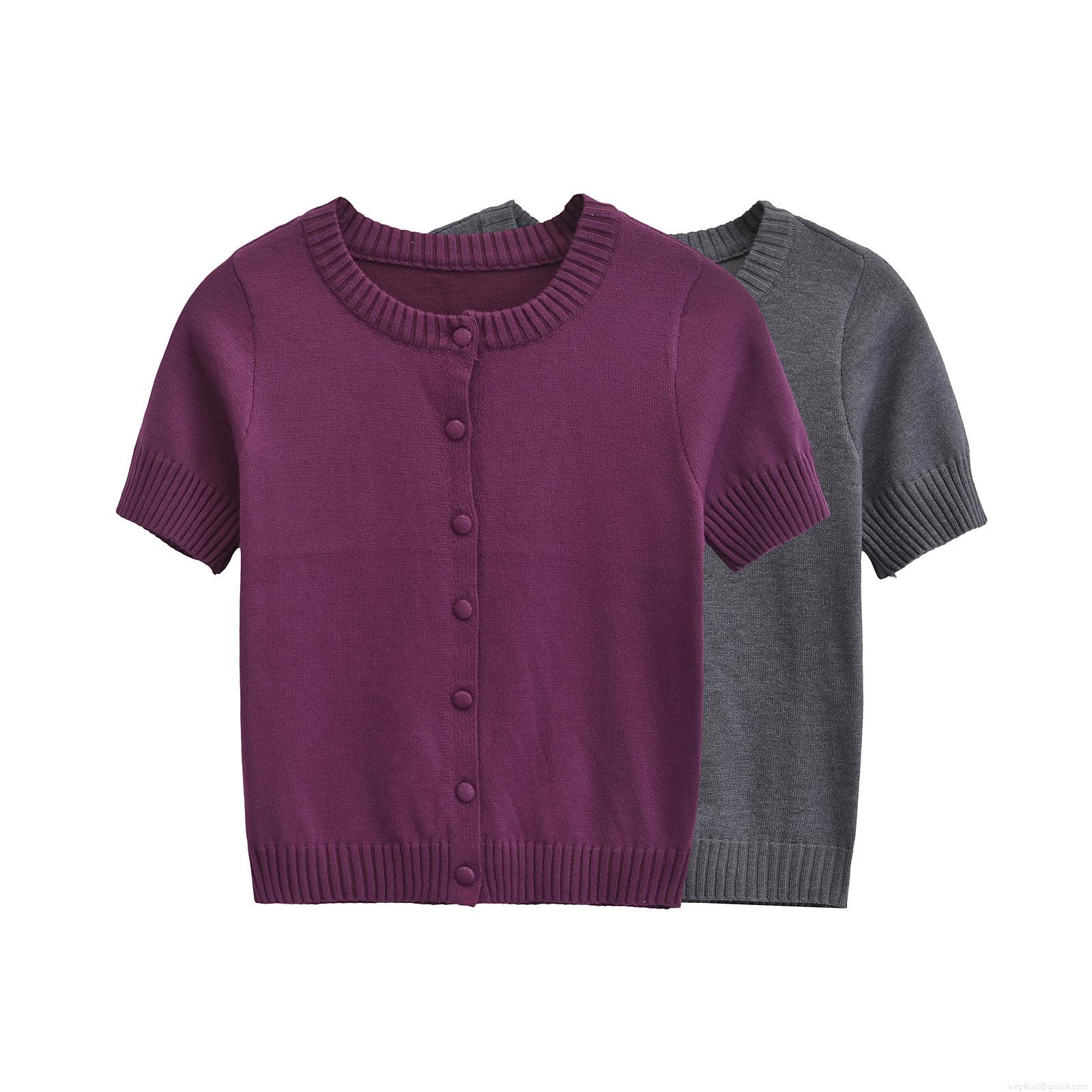 Women's Fashion Short Sleeve Knit Cardigan Button Down Round Neck Solid Color Polyester Knit Sweater Top Streetwear Outwear