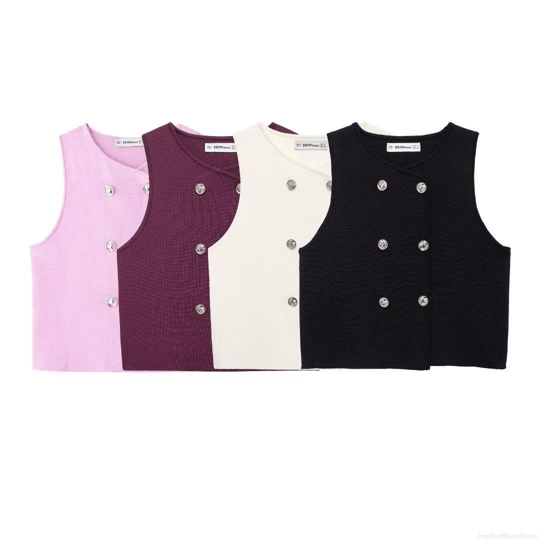 Women's Knit Vest Sleeveless Double Breasted Metal Button Short Tank Top Autumn Fashion Polyester Solid Color Ribbed Waistcoat Casual Streetwear Ladies Clothing