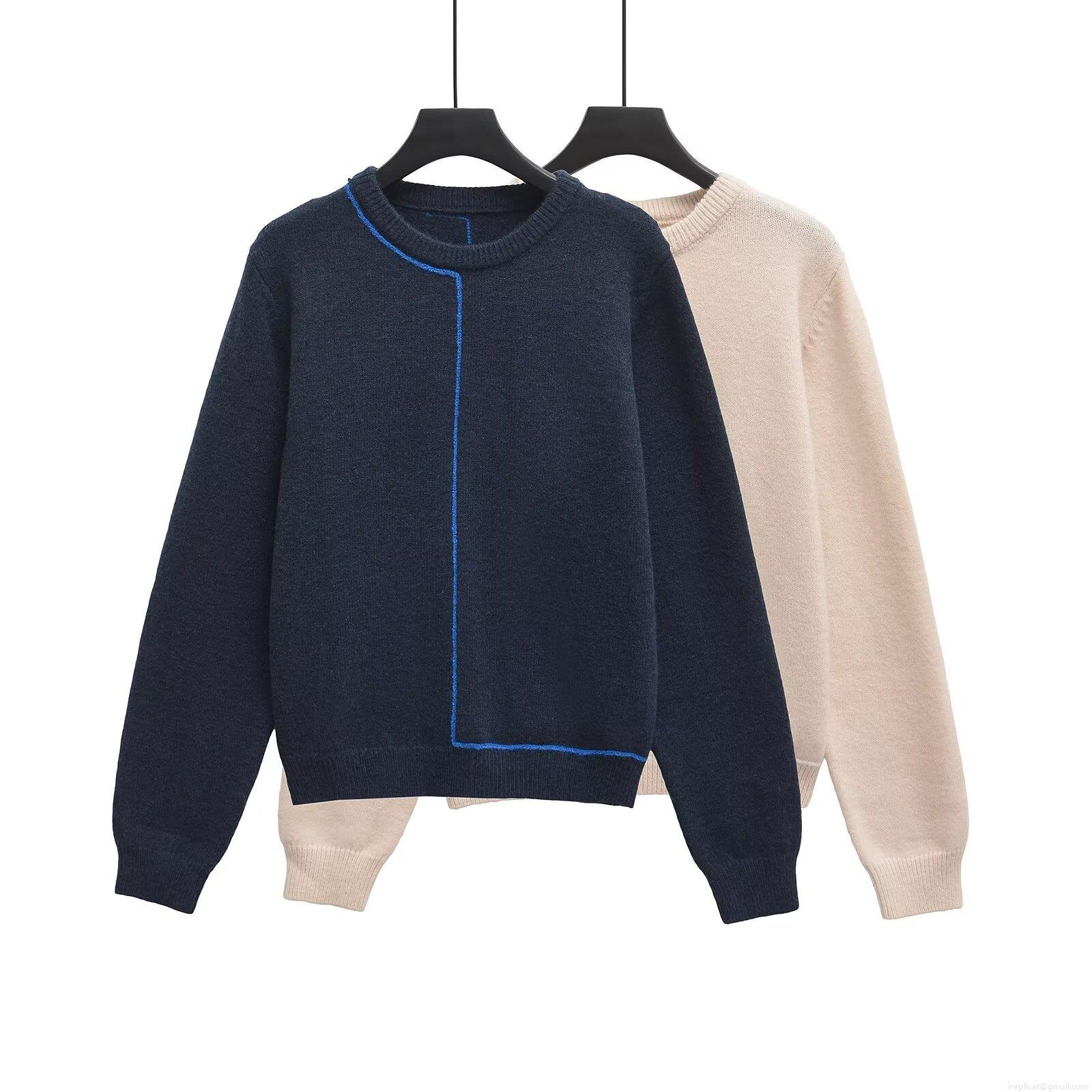 Women's Casual Knitted Sweater Round Neck Long Sleeve Pullover With Contrast Line Decoration Modern Street Style Polyester Knitwear Top For Autumn Winter