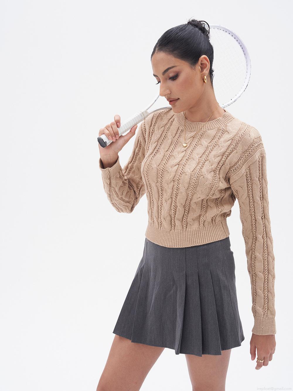 Women's Cable Knit Sweater Viscose Nylon PPT Blend Long Sleeve Crew Neck Cropped Jumper Solid Color Knitted Top For Daily Casual Preppy Style Autumn Winter