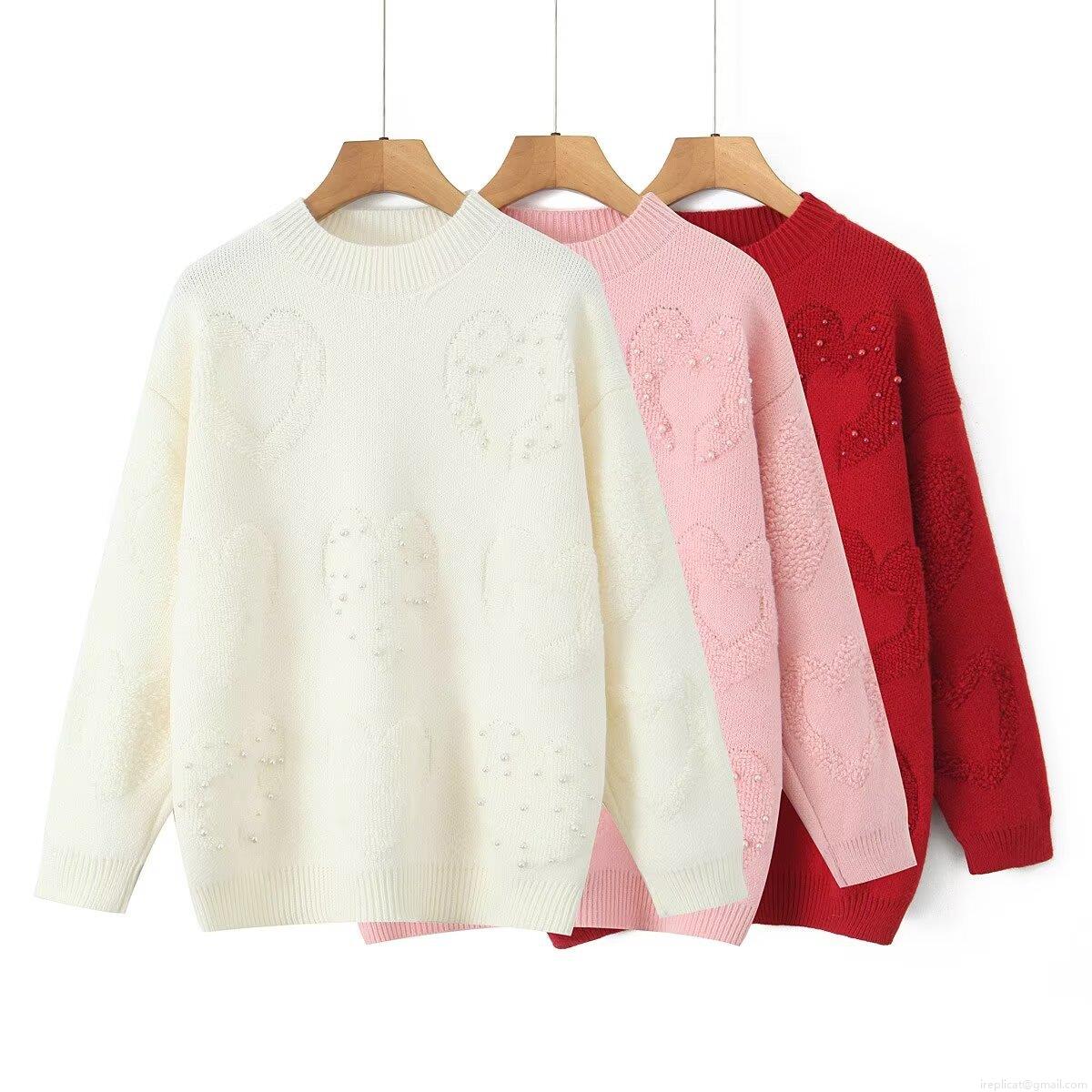 Women's Beaded Heart Jacquard Pullover Sweater 3D Heart Knit Jumper With Pearls Casual Round Neck Long Sleeve Top For Valentine's Day Party Dating