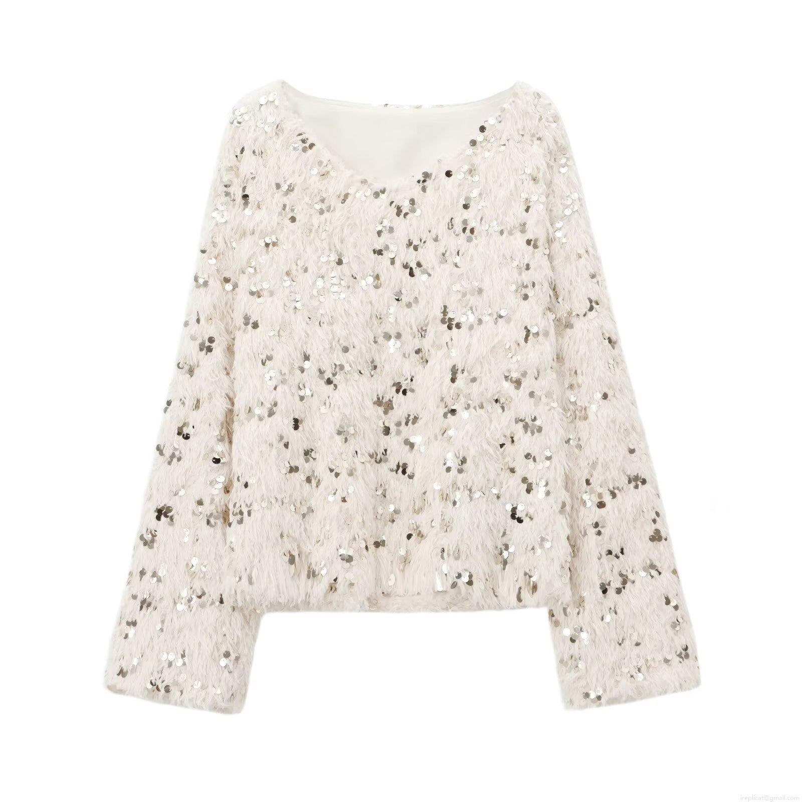 Women's Loose Round Neck Knit Sweater With Silver Sequins And Faux Feather Fringe Long Sleeve Plush Pullover Elegant Winter Party Streetwear Top