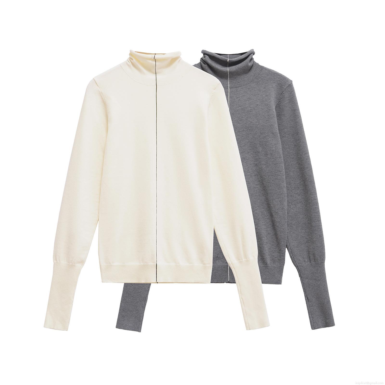 Women's Elegant High Neck Knitted Sweater Core-Spun Yarn Polyester Slim Fit Long Sleeve Base Layer Top Casual Basic Streetwear With Contrast Stitching